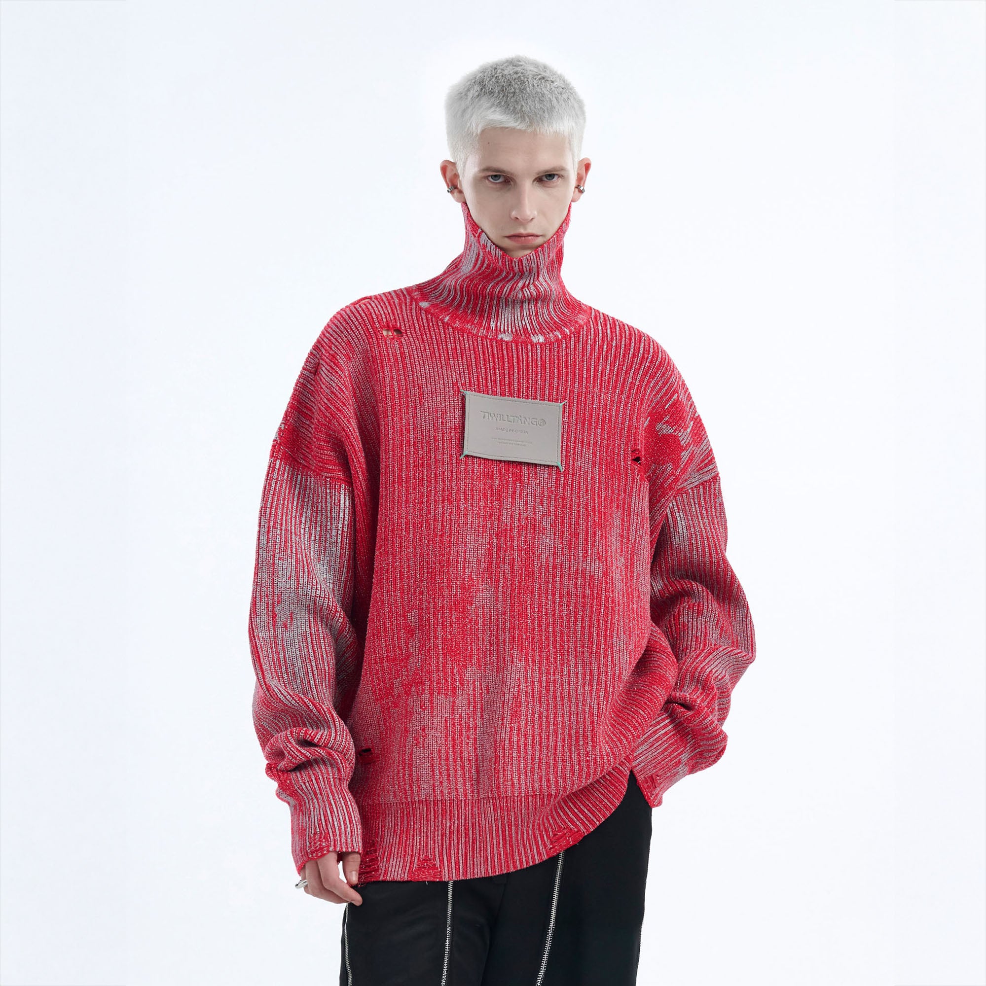 TIWILLTANG Distressed Foil High-Neck Sweater
