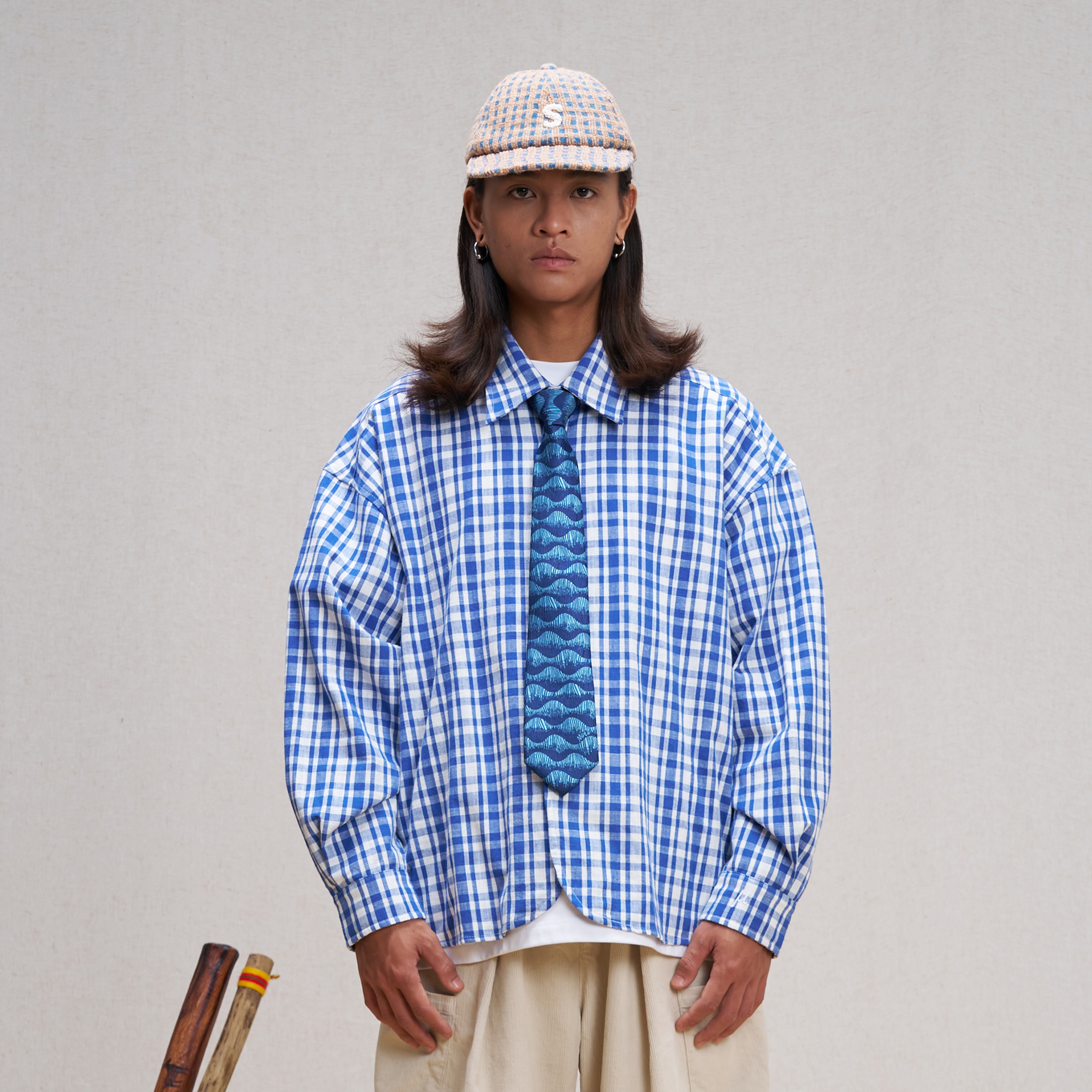 UNLIMITED MOTE Plaid Linen-Blend Half-Open Collar Shirt Blue, premium urban and streetwear designers apparel on PROJECTISR.com, UNLIMITED MOTE