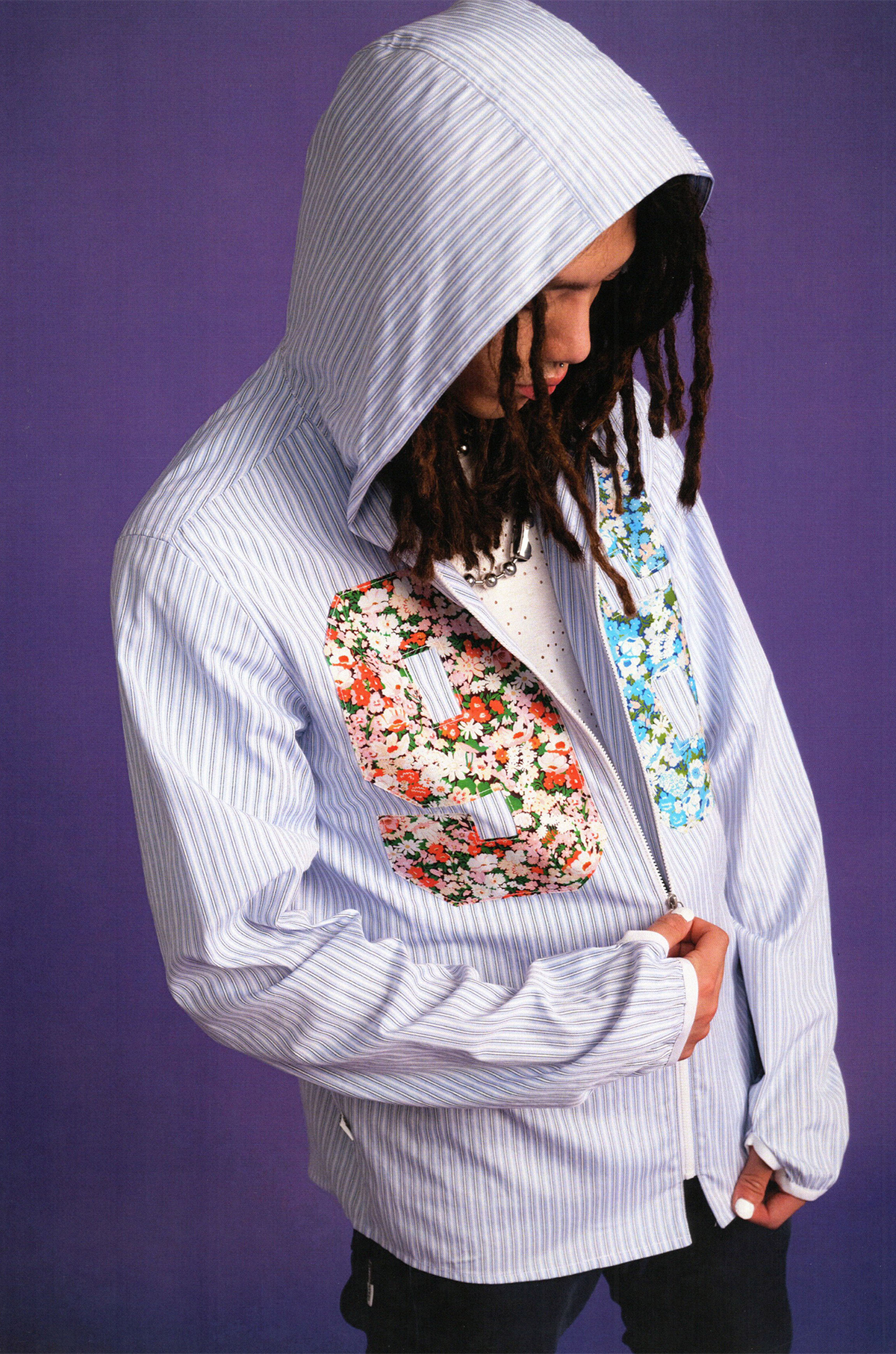 URBAN+FOREST Floral Patchwork Striped Hooded Shirt Jacket, premium urban and streetwear designers apparel on PROJECTISR.com, URBAN+FOREST
