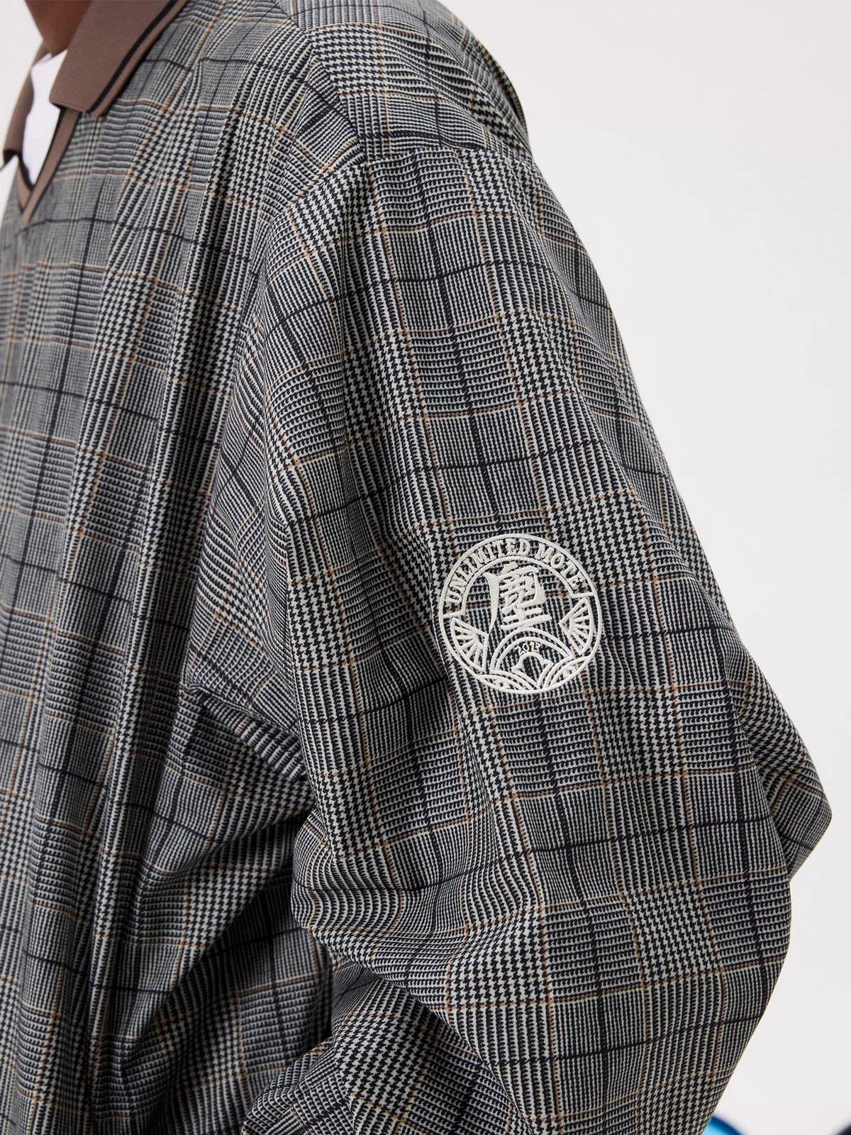 UNLIMITED MOTE Glen Plaid Double-Collar Drawstring Long-Sleeve Shirt, premium urban and streetwear designers apparel on PROJECTISR.com, UNLIMITED MOTE