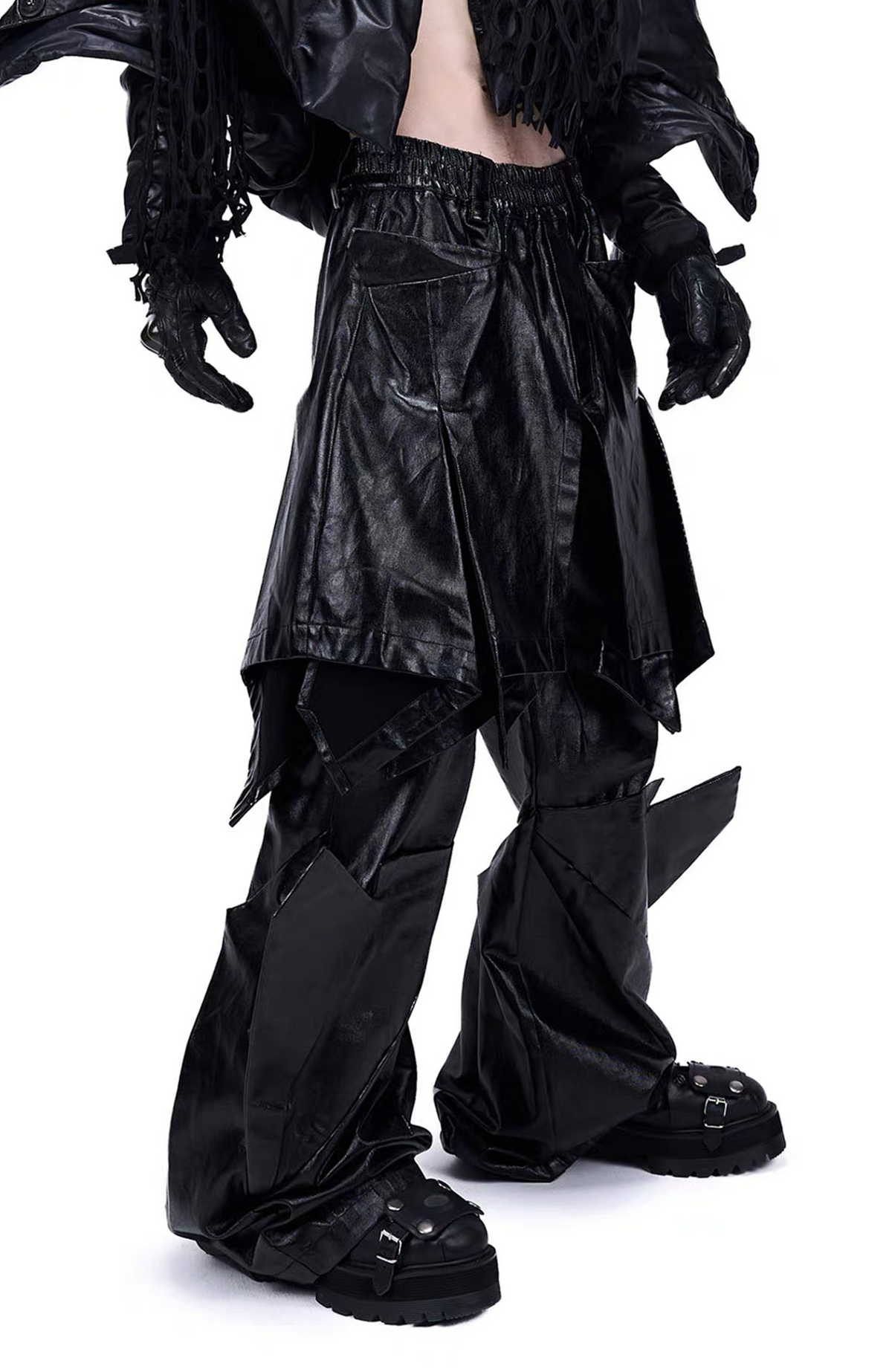 VANGUARDIA Deconstructed Layered Coated Denim Flared Pants