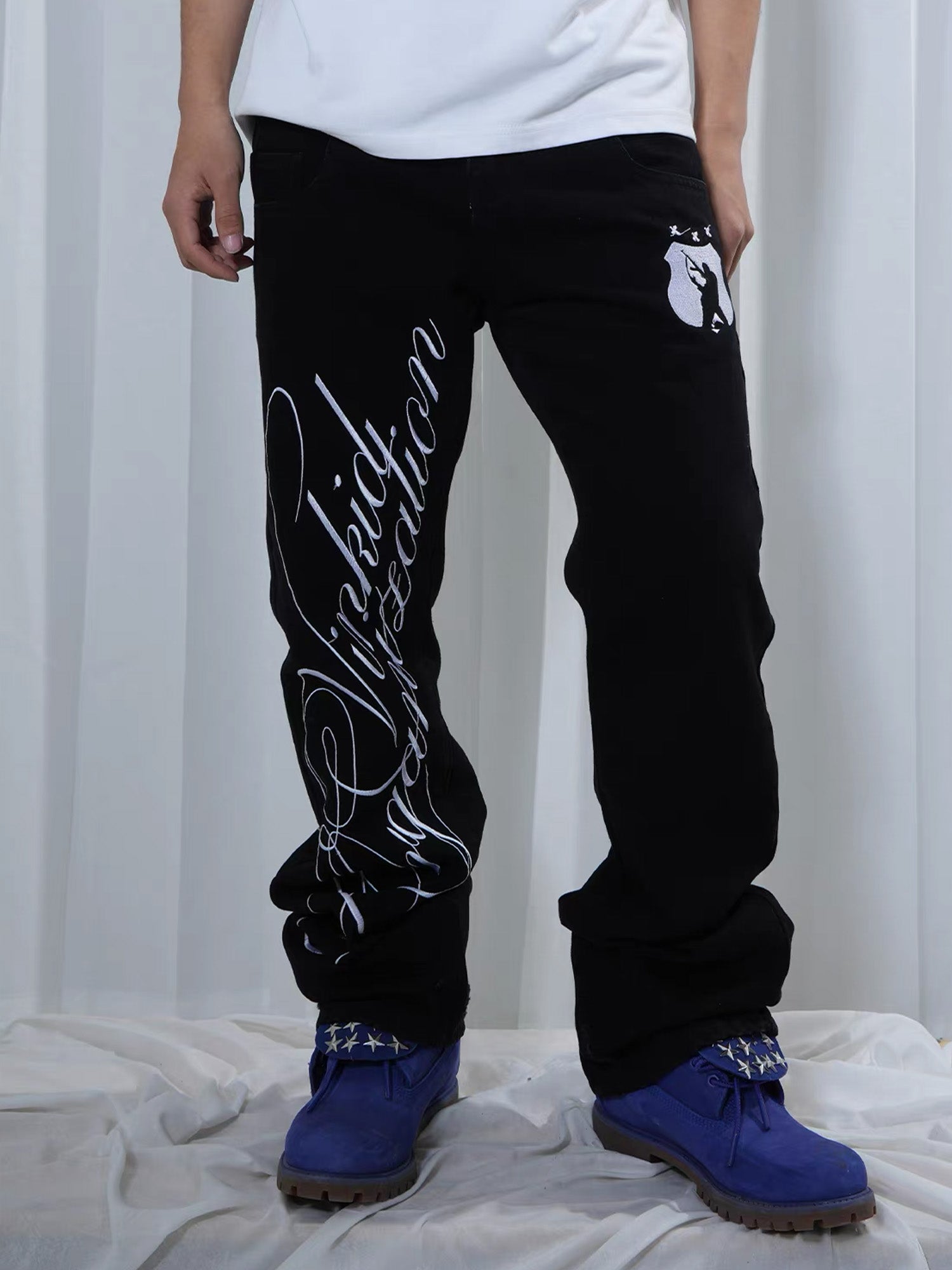 VINKID Double-Waist Script Graphic Jeans, premium urban and streetwear designers apparel on PROJECTISR.com, VINKID