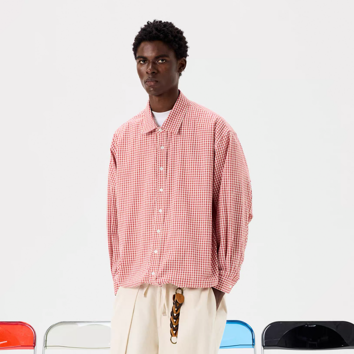 UNLIMITED MOTE Pleated Balloon Drawstring Plaid Long-Sleeve Shirt, premium urban and streetwear designers apparel on PROJECTISR.com, UNLIMITED MOTE