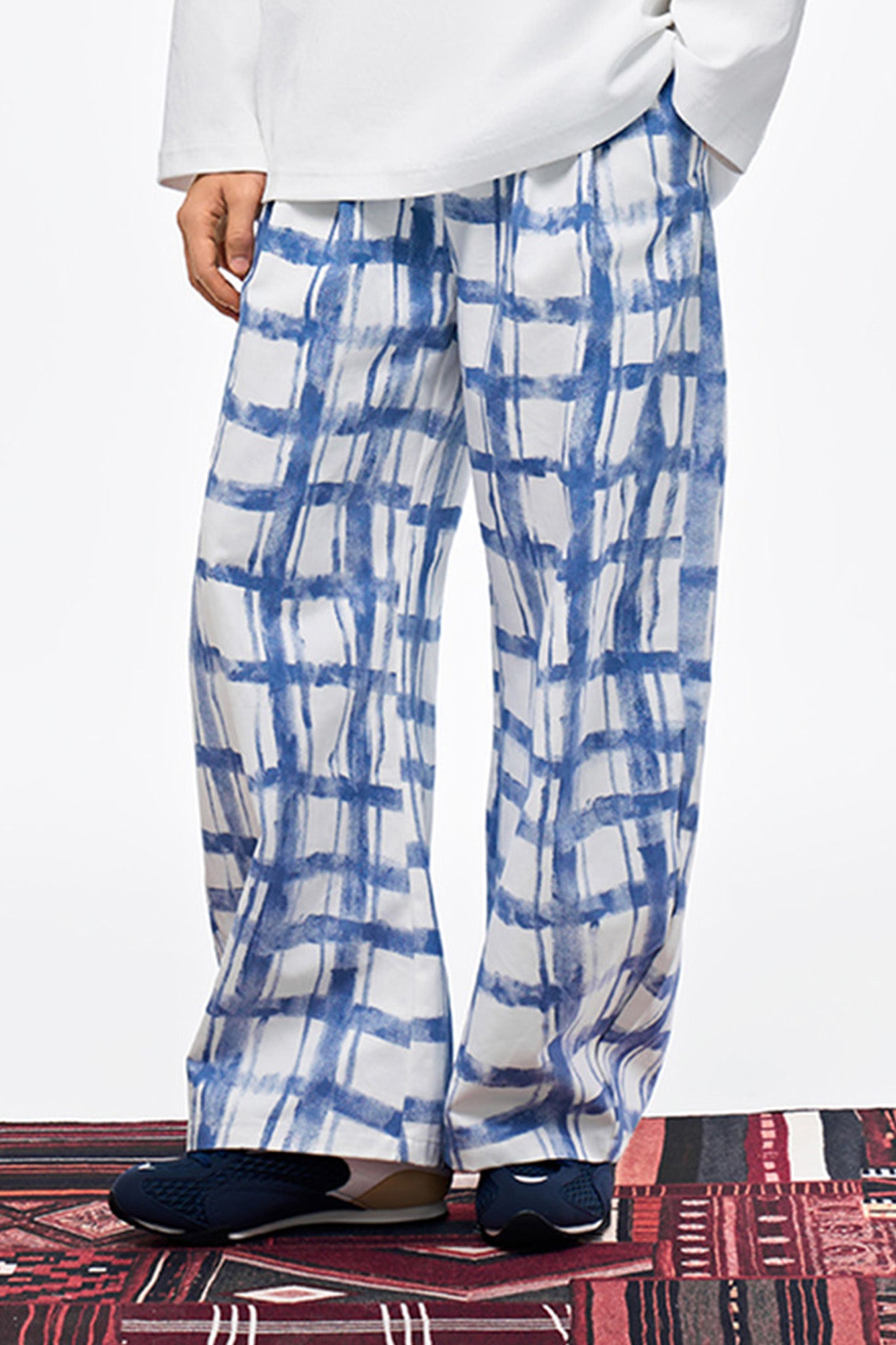 OVERLAPS Brush-Paint Grid Wide-Leg Pants, premium urban and streetwear designers apparel on PROJECTISR.com, OVERLAPS