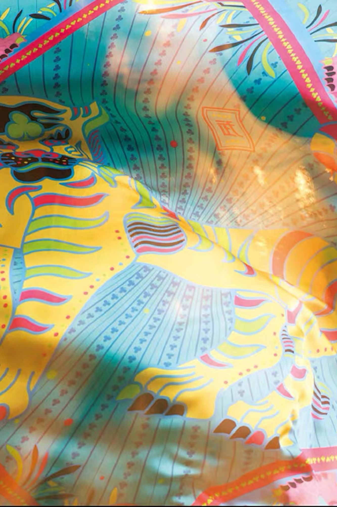 MASH UP ASIA Multicolor Tiger Sunburst Full-Print Square Scarf, premium urban and streetwear designers apparel on PROJECTISR.com, MASH UP ASIA