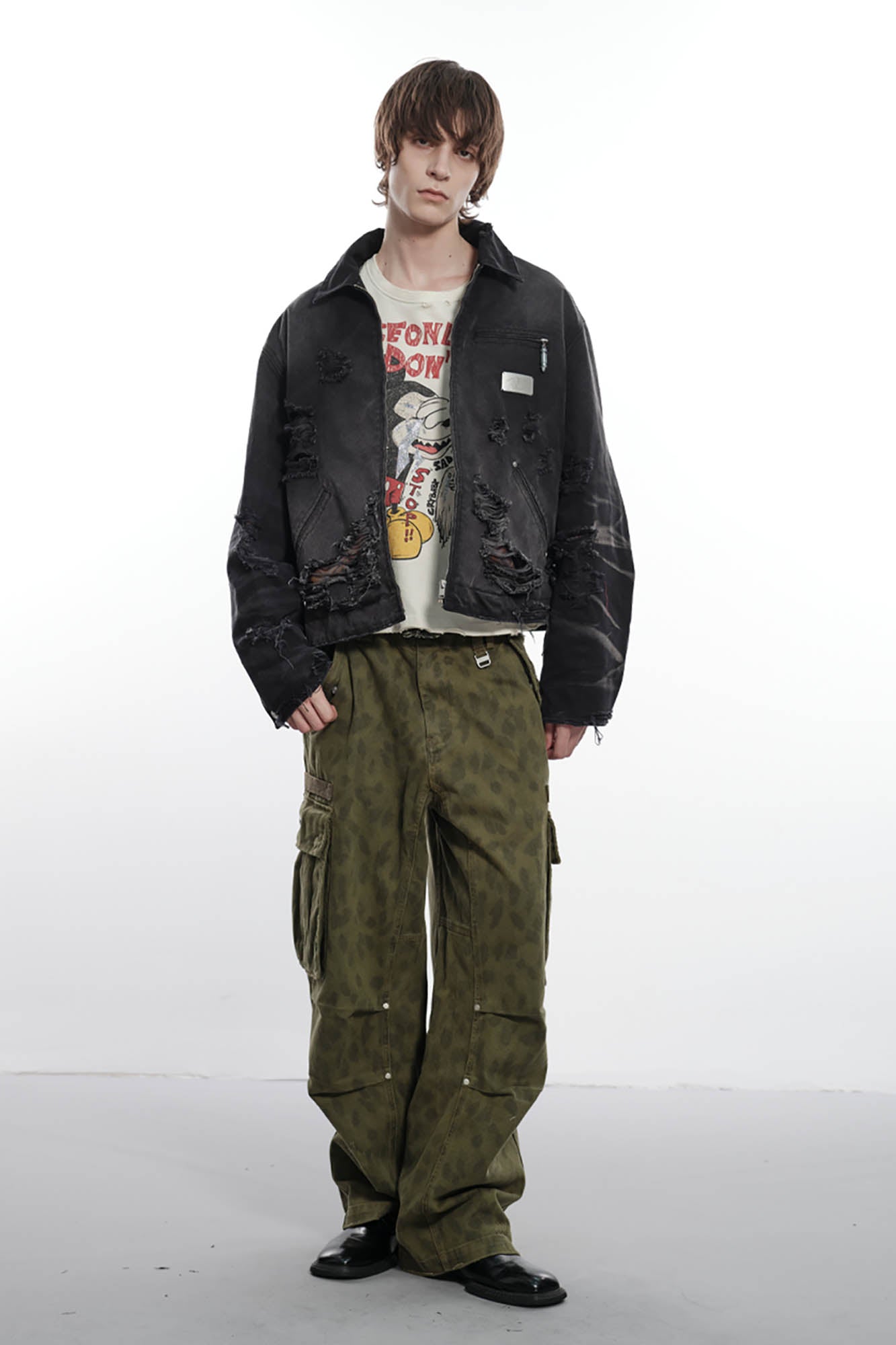 FACEONLAB Camo Leopard Pleated Straight-Leg Cargo Pants