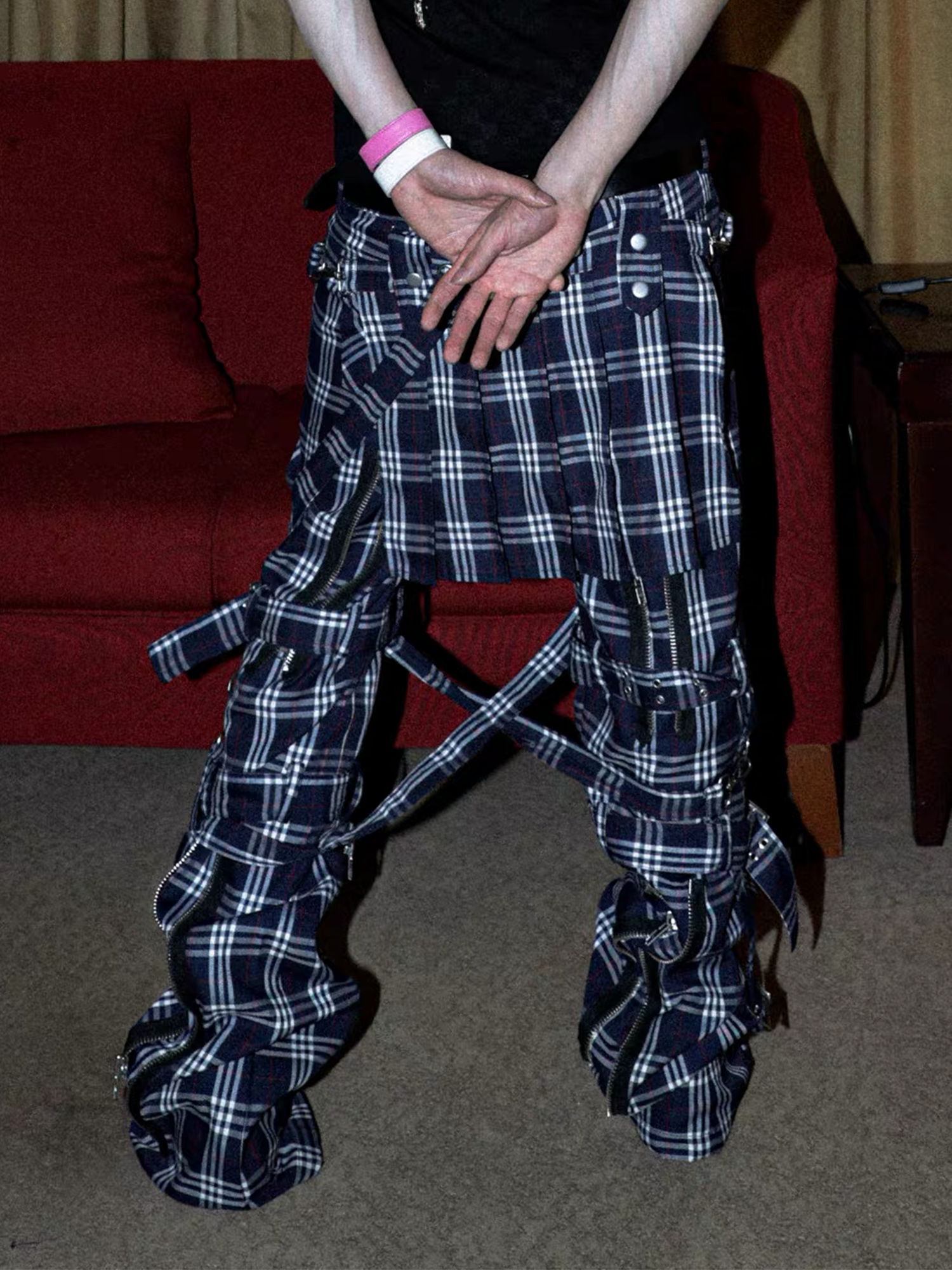 PCCVISION Detachable Skirt Panel Strap-Zip Plaid Flared Pants, premium urban and streetwear designers apparel on PROJECTISR.com, PCCVISION