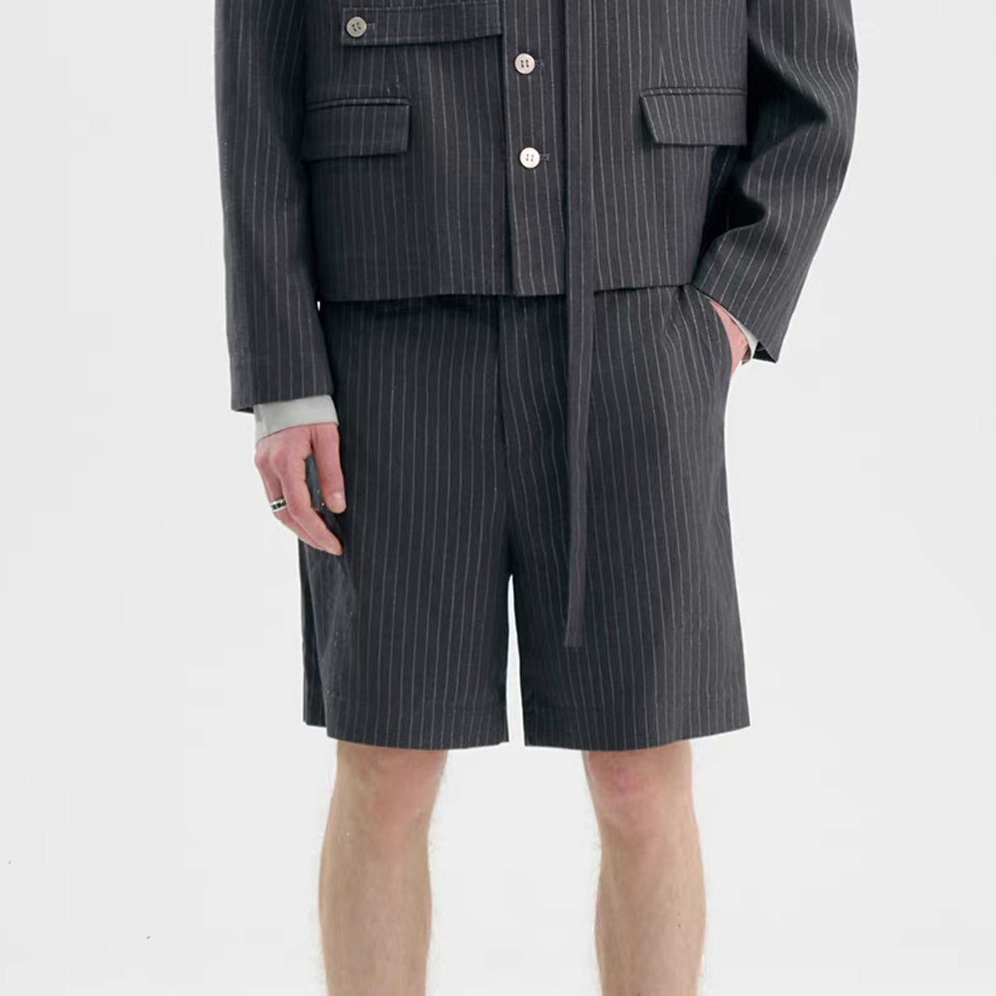 TIWILLTANG Straight-Leg Pinstripe Knee-Length Shorts, premium urban and streetwear designers apparel on PROJECTISR.com, TIWILLTANG