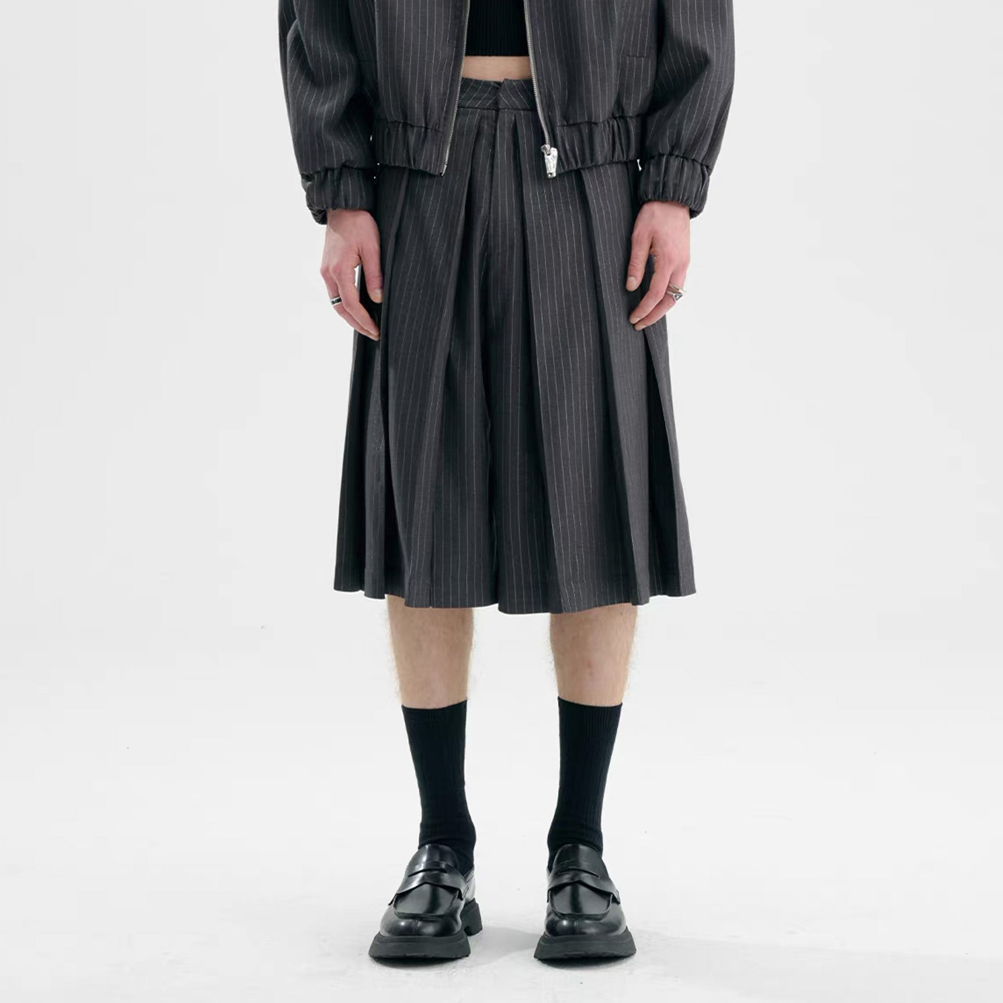 TIWILLTANG Pleated Pinstripe Skirt Shorts, premium urban and streetwear designers apparel on PROJECTISR.com, TIWILLTANG