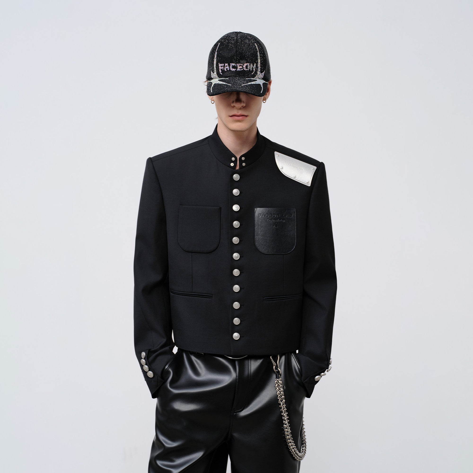 FACEONLAB Stand-Collar Metal-Shoulder Blazer Black, premium urban and streetwear designers apparel on PROJECTISR.com, FACEONLAB