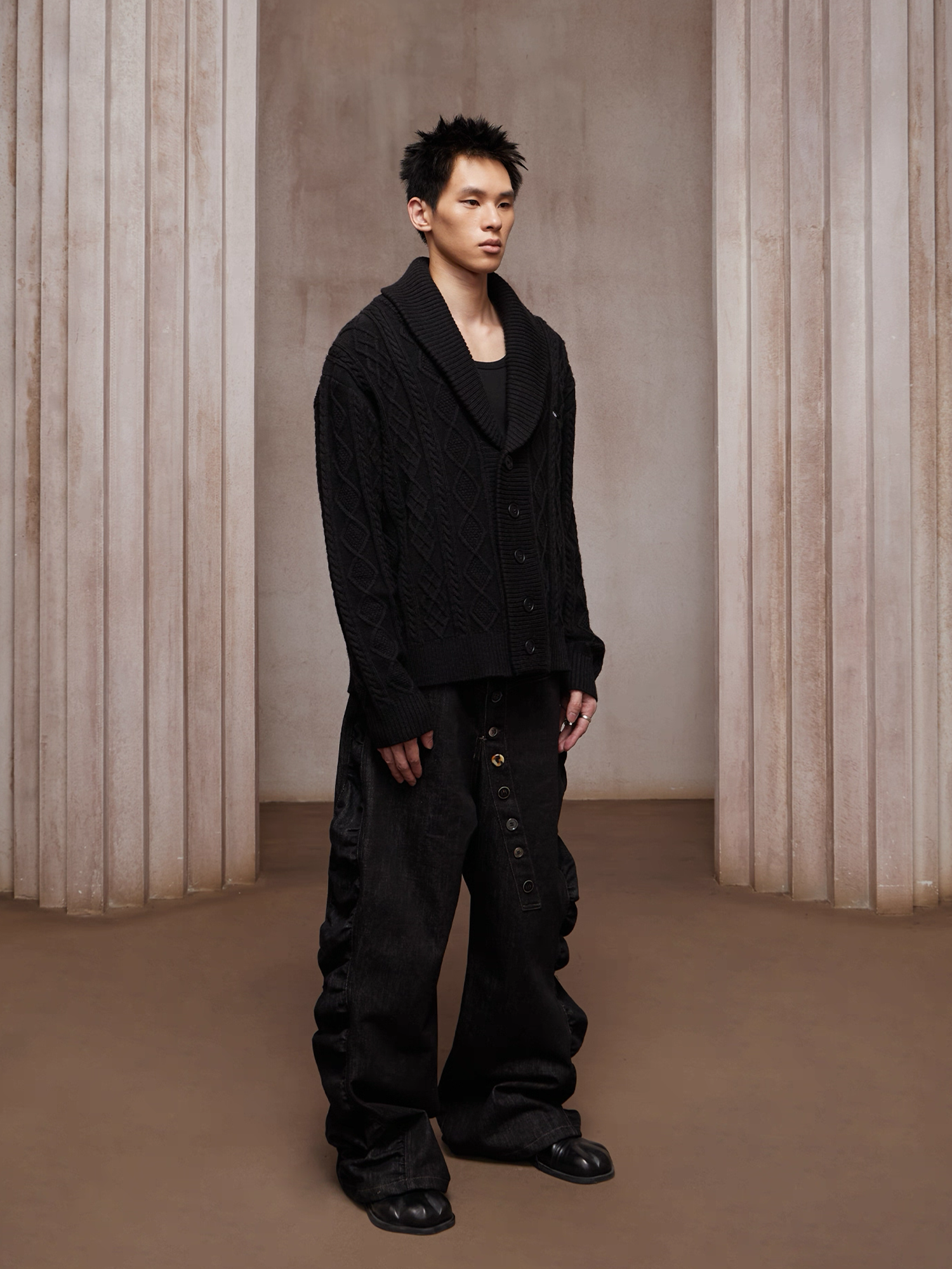 DND4DES Asym Button-Fly Ruched Baggy Jeans