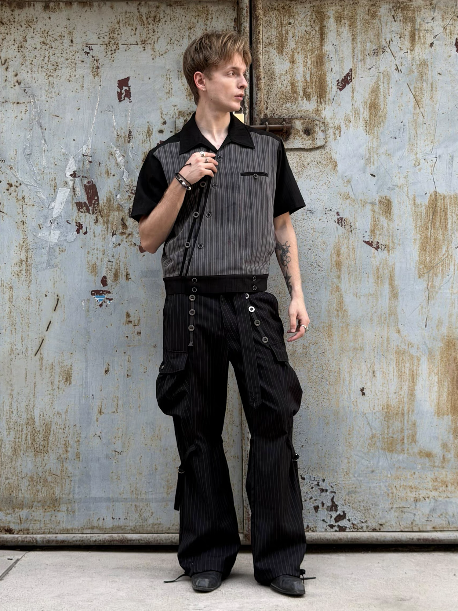 ESAIAS Pinstripe Grommet Belted Trousers