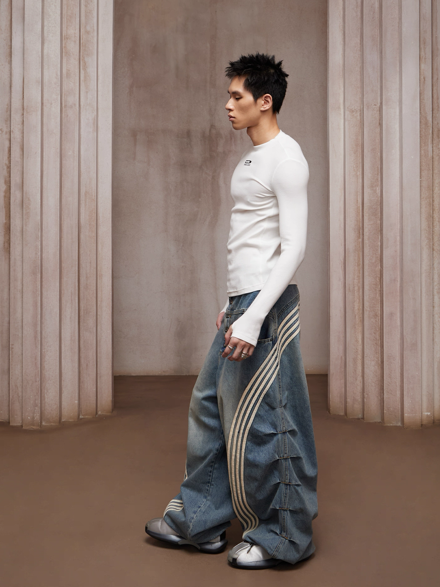 DND4DES Washed Ruched Striped Baggy Jeans