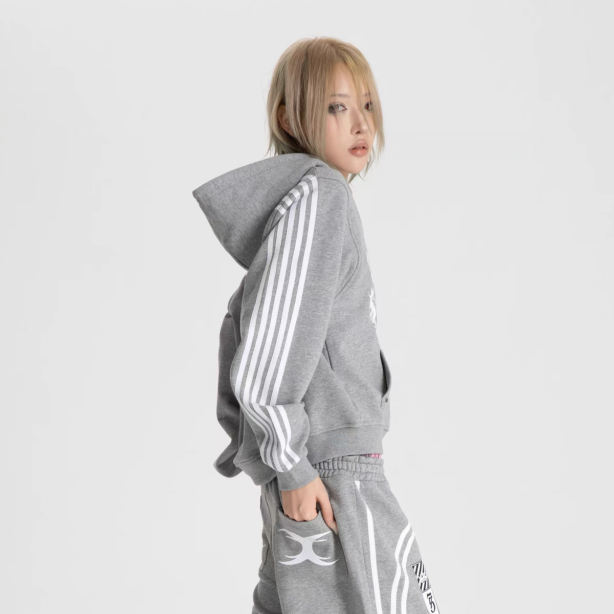 SEXXDEVIL Striped Embroidered Zip-Up Hoodie