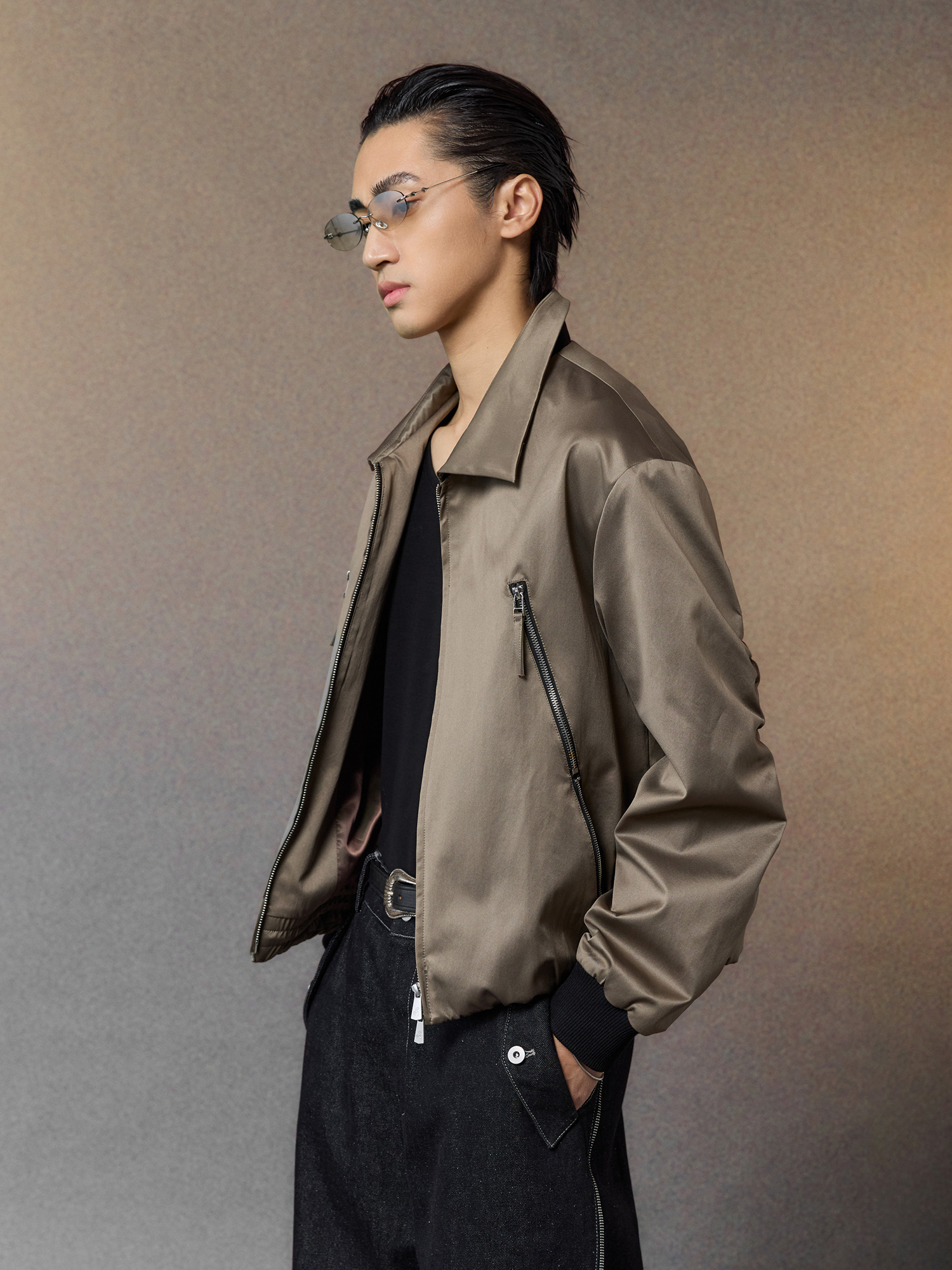 ALVNG AR ANTS Ruched-Sleeve Dual-Zips Bomber Jacket, premium urban and streetwear designers apparel on PROJECTISR.com, ALVNG AR ANTS