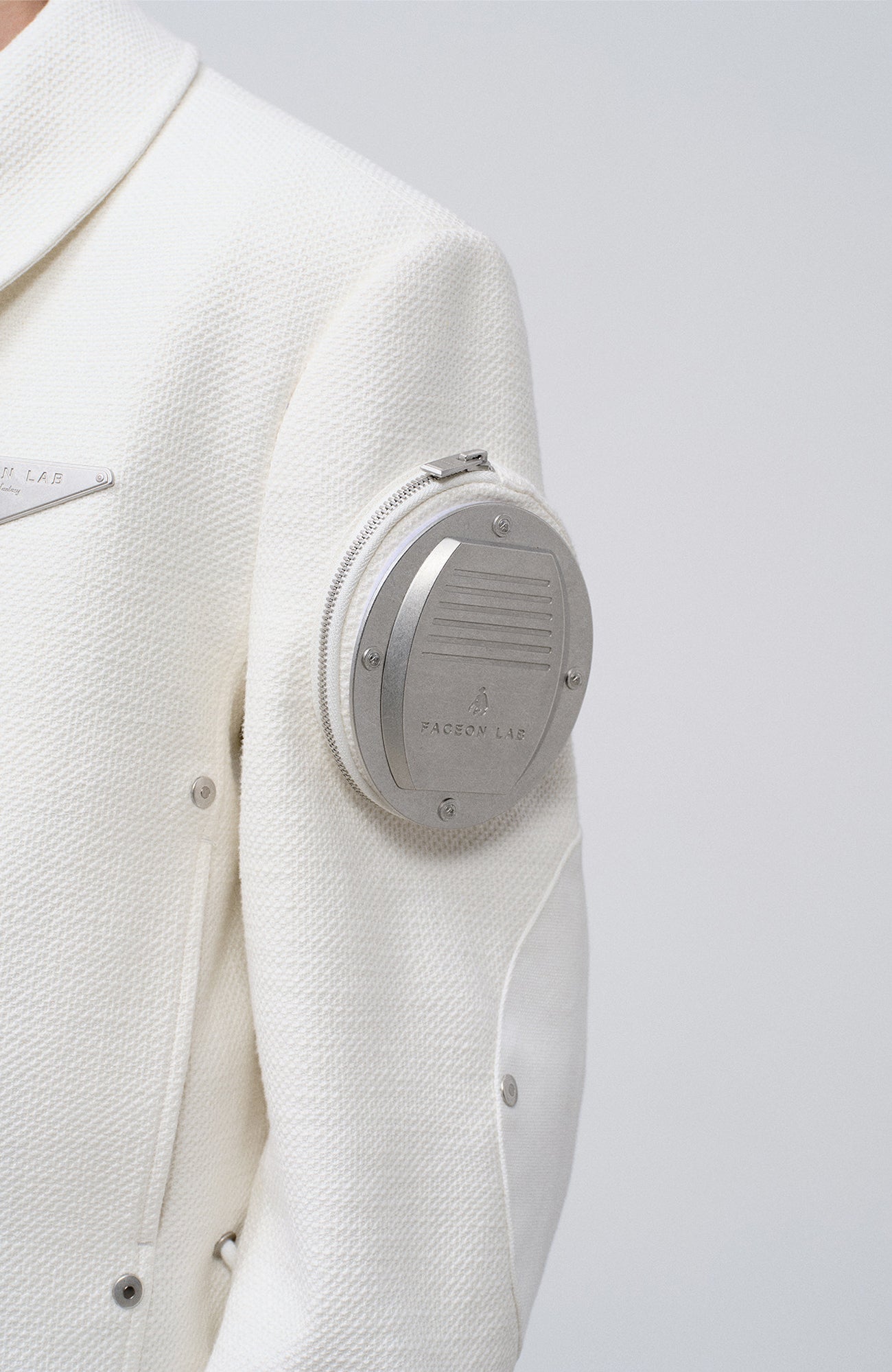 FACEONLAB Arm-Patched Cropped Naval Jacket White, premium urban and streetwear designers apparel on PROJECTISR.com, FACEONLAB