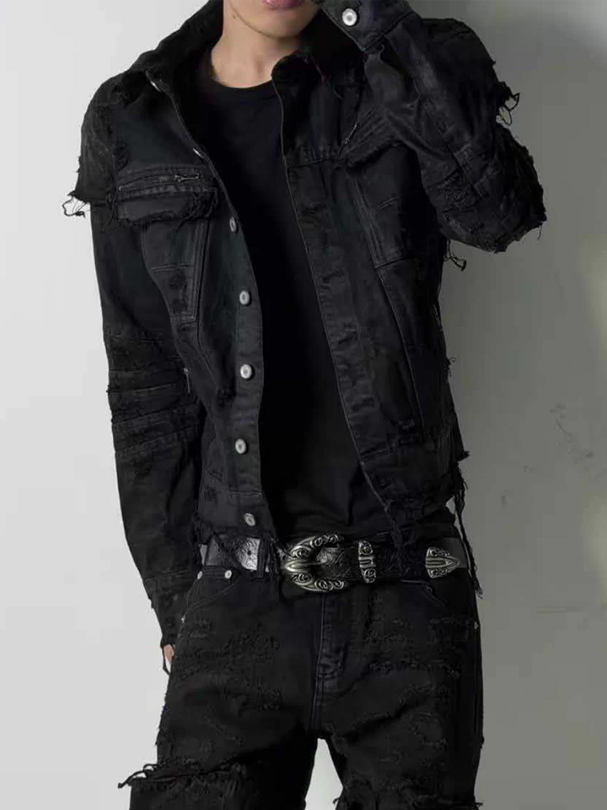CINDER VEIN Washed Distressed Back-Zipper Denim Jacket