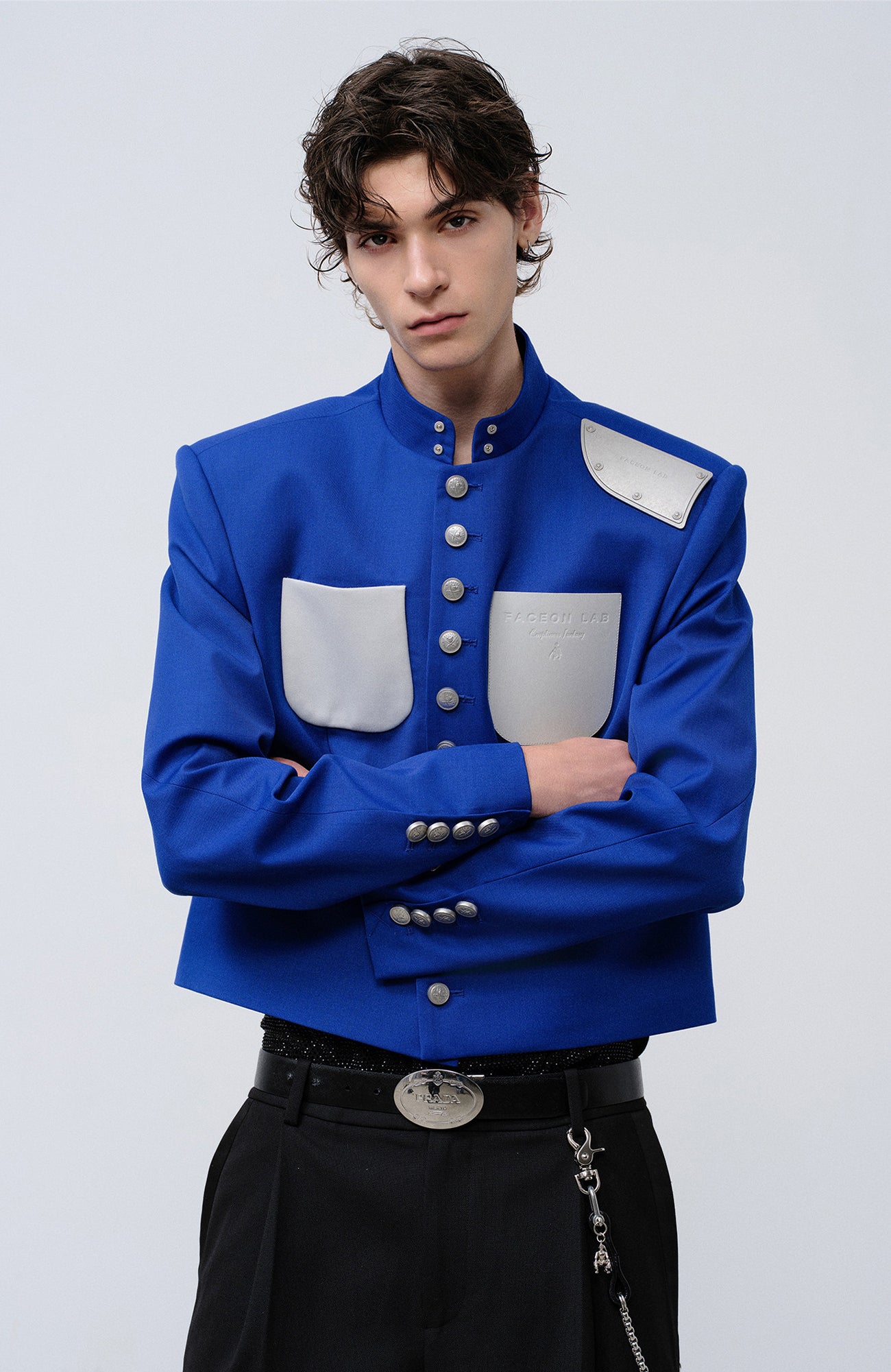 FACEONLAB Stand-Collar Metal-Shoulder Blazer Blue, premium urban and streetwear designers apparel on PROJECTISR.com, FACEONLAB