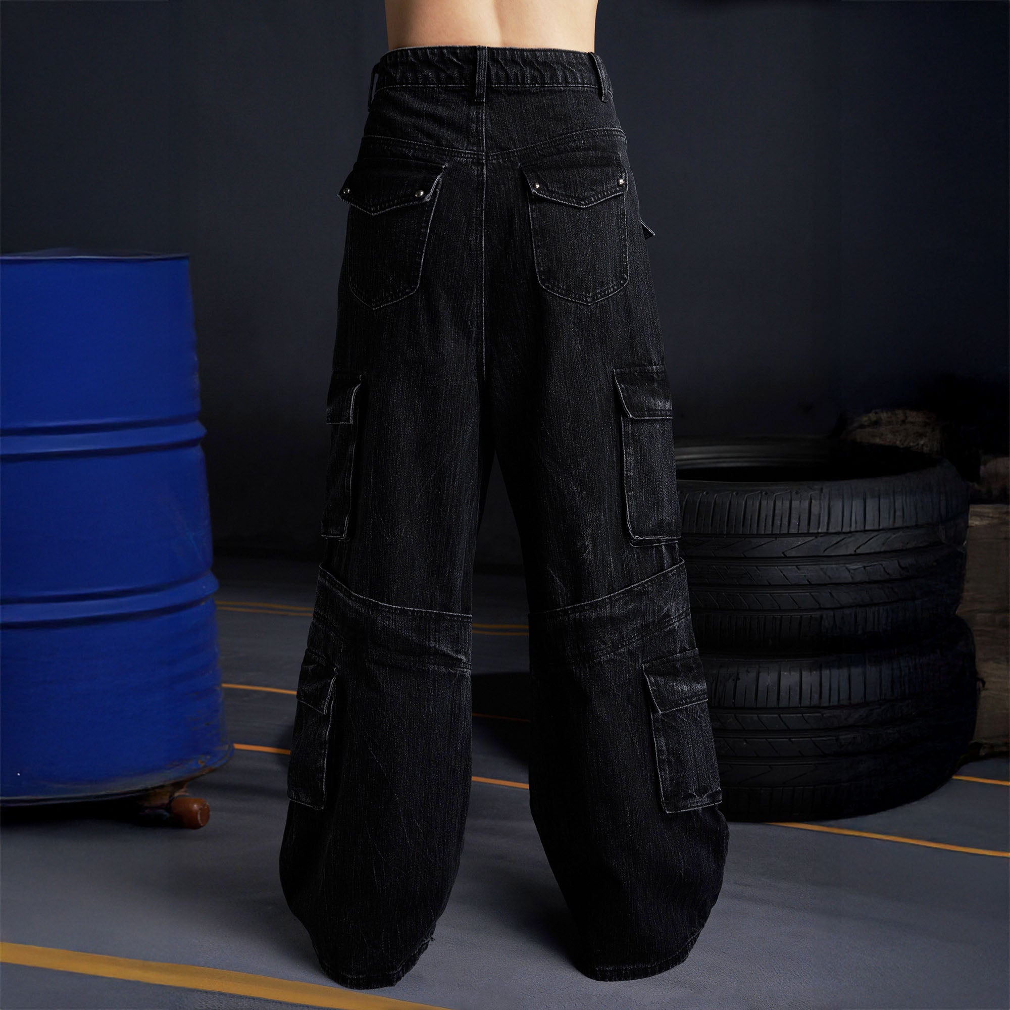 RECOVER ZONE Multi-Pocket Wide-Leg Utility Jeans, premium urban and streetwear designers apparel on PROJECTISR.com, RECOVER ZONE