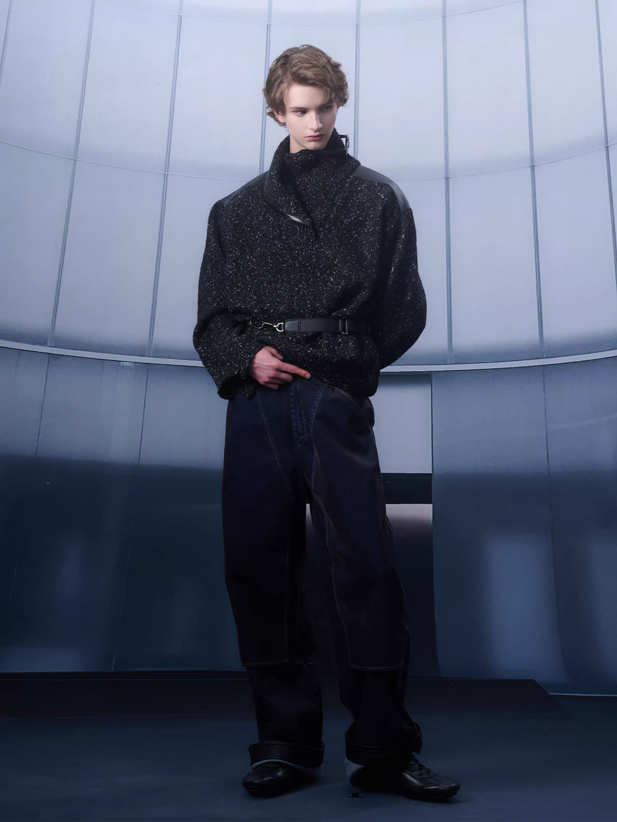 TIWILLTANG Spliced Faux Leather Dot-Yarn Fold Collar Sweater