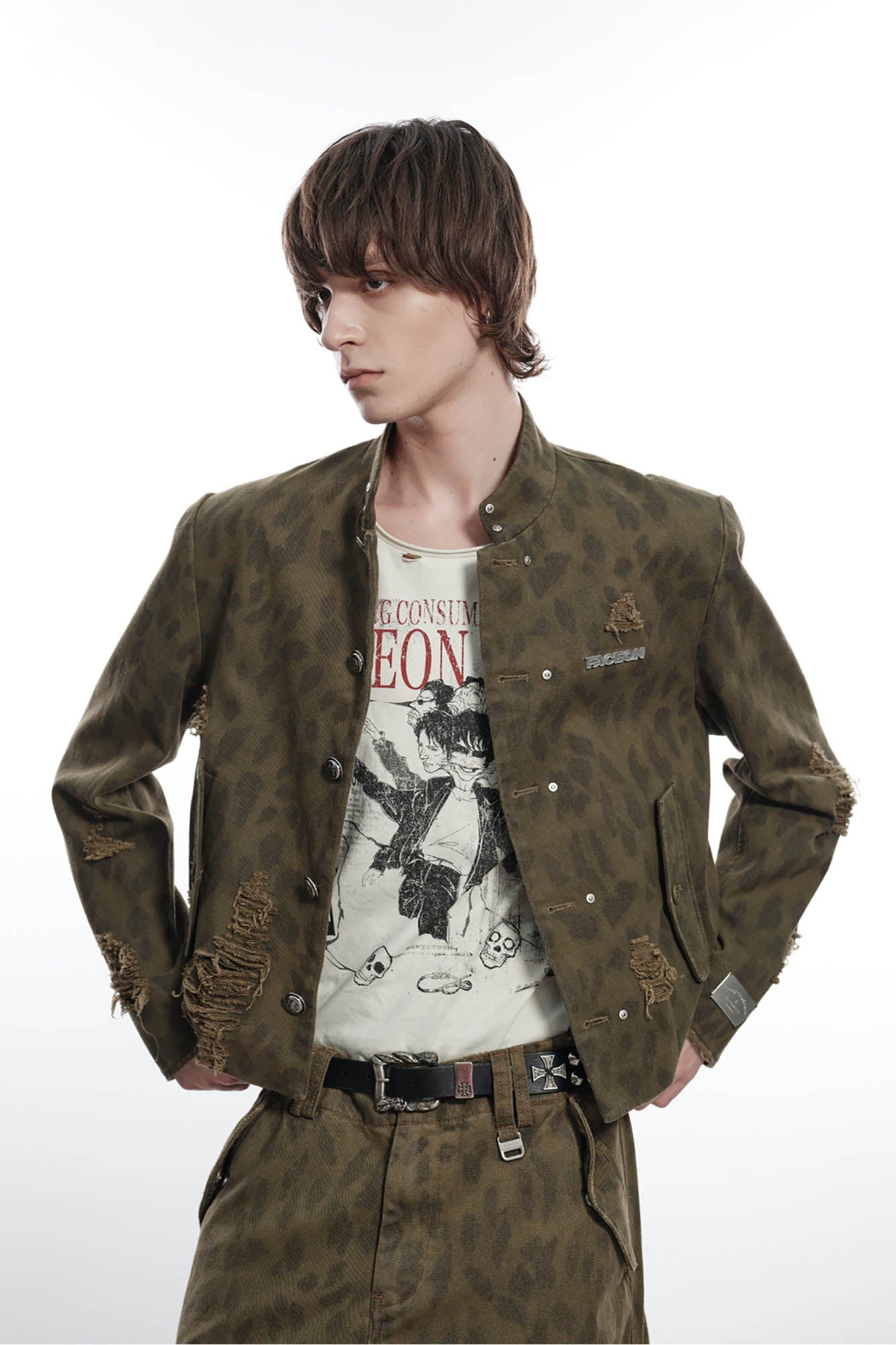 FACEONLAB Camo Leopard Ripped Stand Collar Jacket