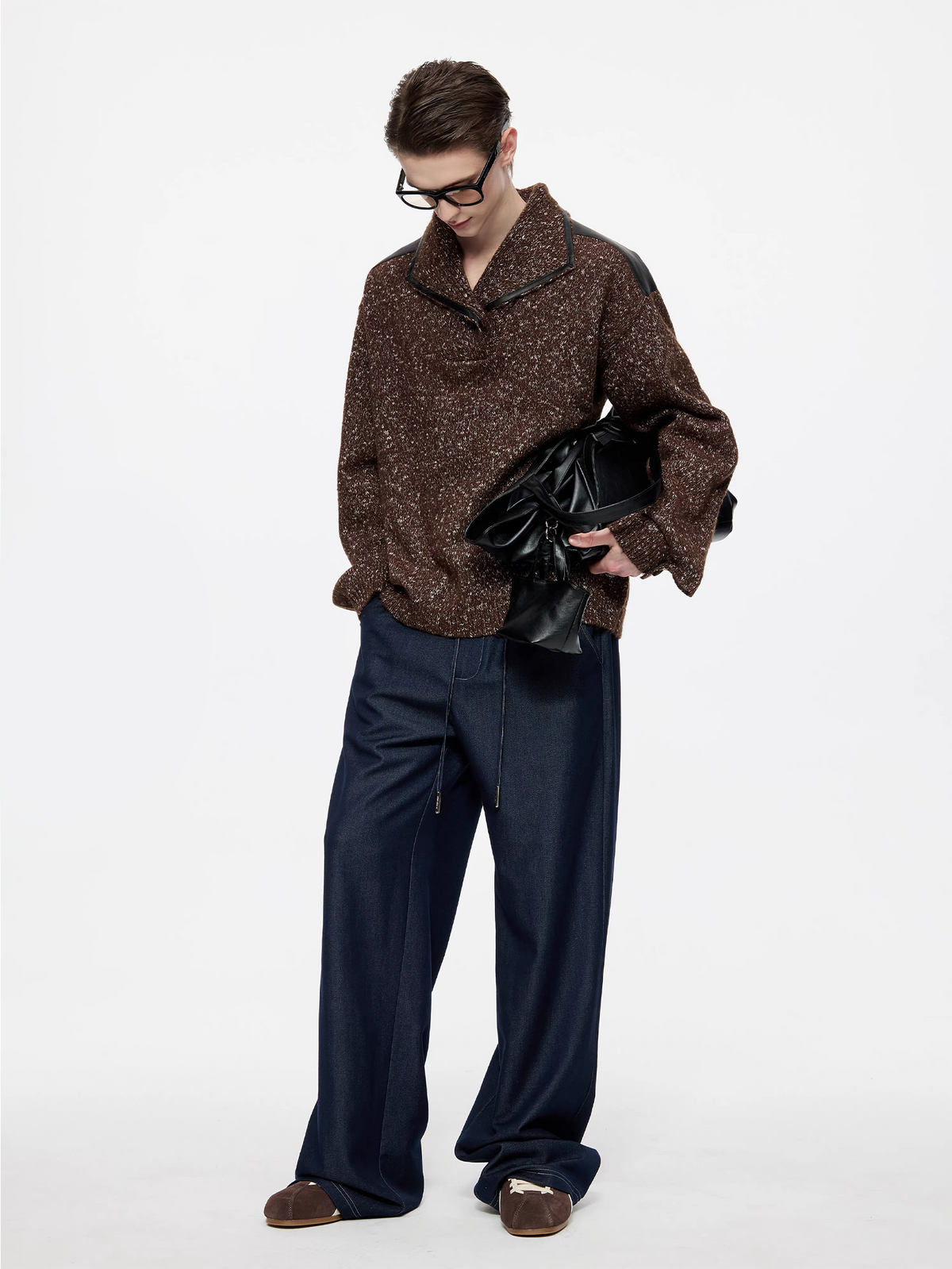 TIWILLTANG Spliced Faux Leather Dot-Yarn Fold Collar Sweater