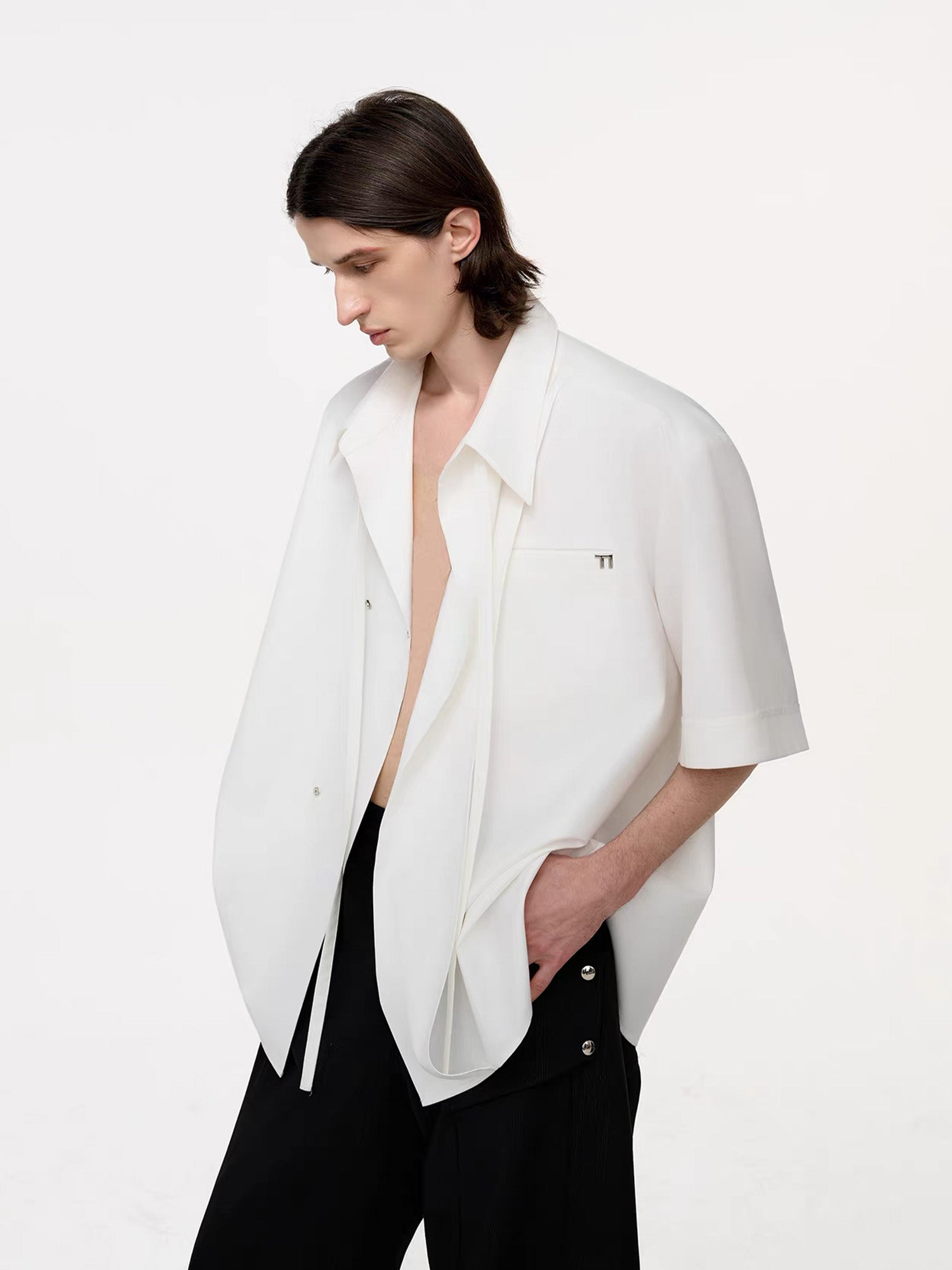 TIWILLTANG Draped Camp-Collar T Shirt, premium urban and streetwear designers apparel on PROJECTISR.com, TIWILLTANG