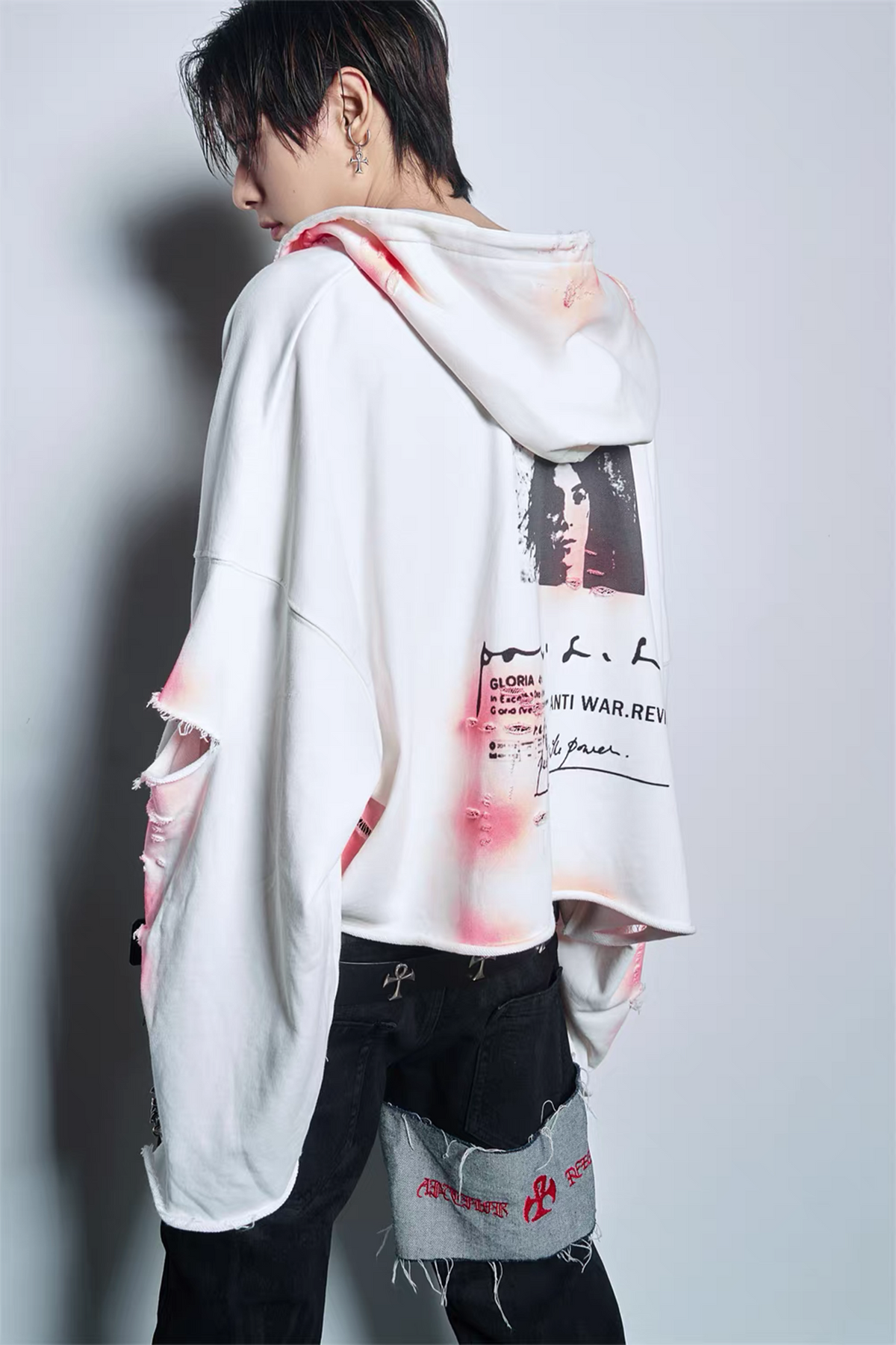 ANTI WAR REVIVAL Distressed Splatter-Print Oversized Zip-Up Hoodie