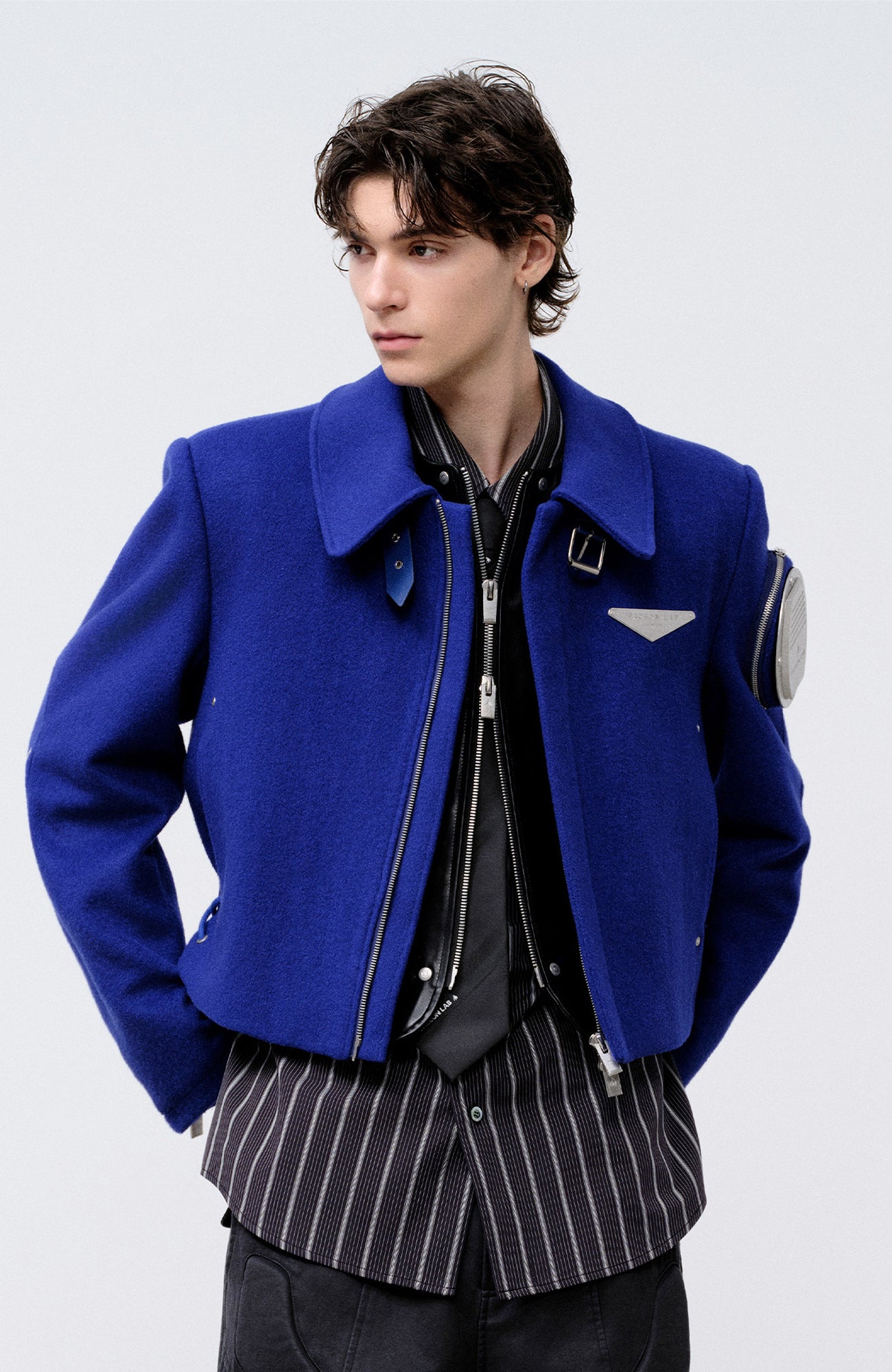 FACEONLAB Arm-Patched Cropped Naval Jacket Blue, premium urban and streetwear designers apparel on PROJECTISR.com, FACEONLAB