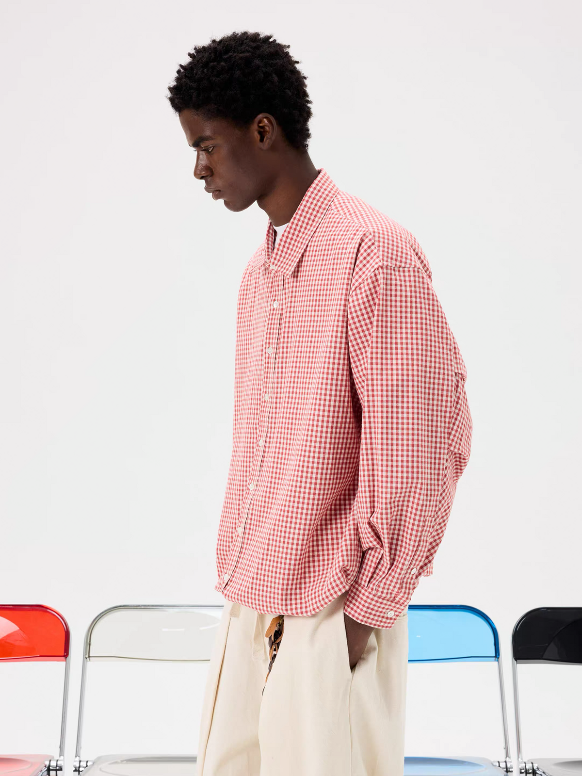 UNLIMITED MOTE Pleated Balloon Drawstring Plaid Long-Sleeve Shirt, premium urban and streetwear designers apparel on PROJECTISR.com, UNLIMITED MOTE