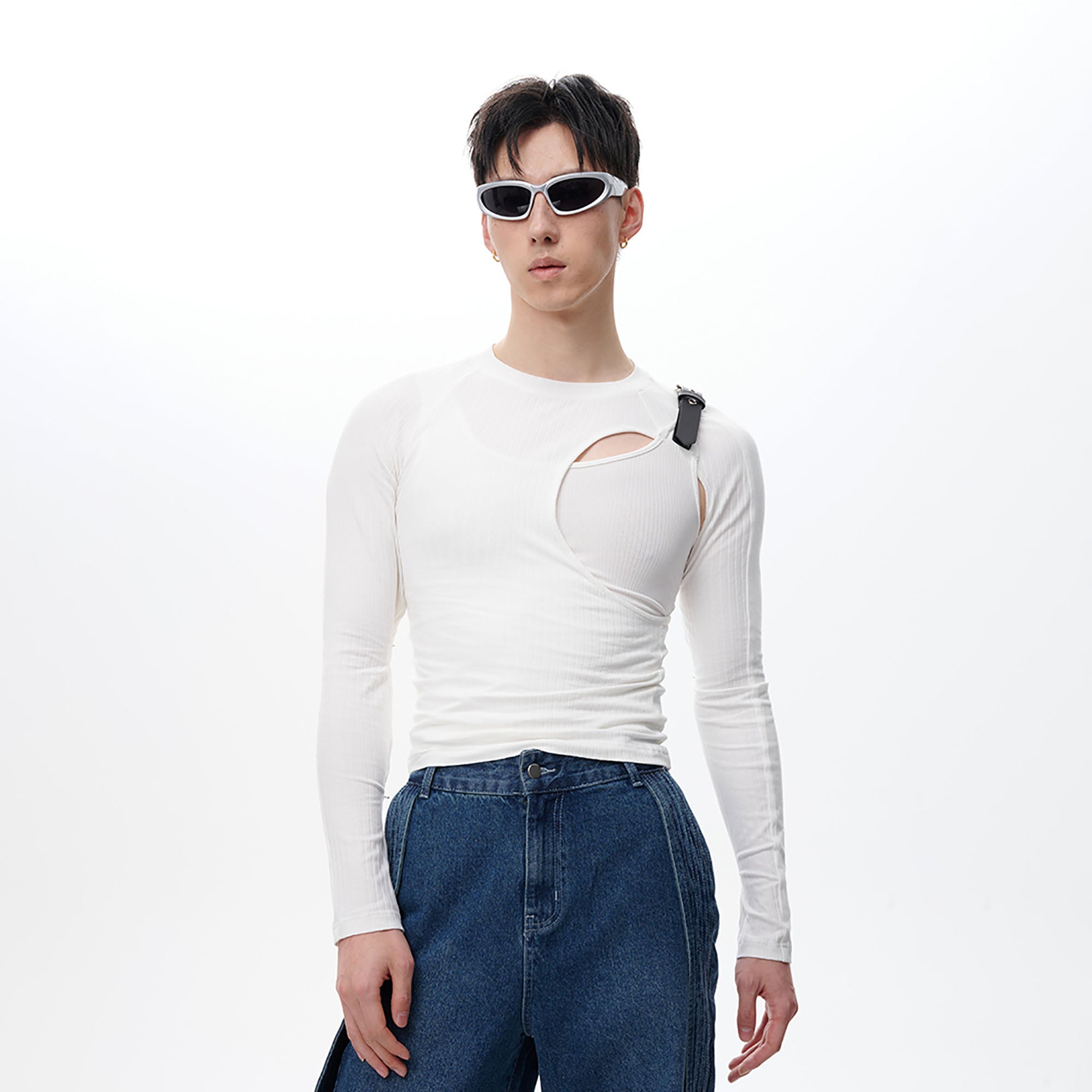 TUIMU Belted Cut-Out Ribbed Long-Sleeve Tee, premium urban and streetwear designers apparel on PROJECTISR.com, TUIMU