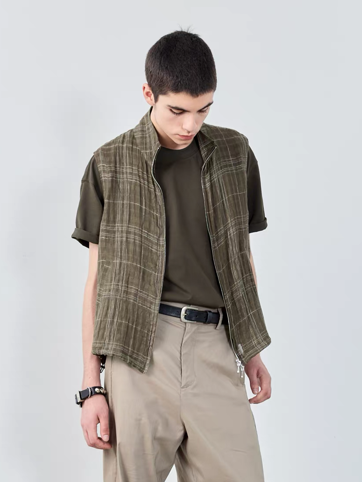 GRAINMUSTARD Linen-Cotton Plaid Vest, premium urban and streetwear designers apparel on PROJECTISR.com, GRAINMUSTARD