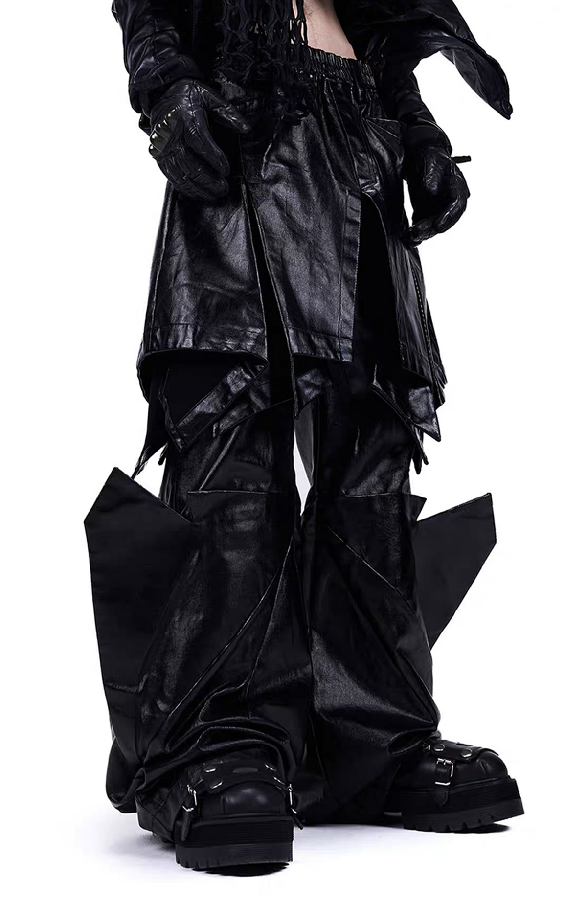 VANGUARDIA Deconstructed Layered Coated Denim Flared Pants