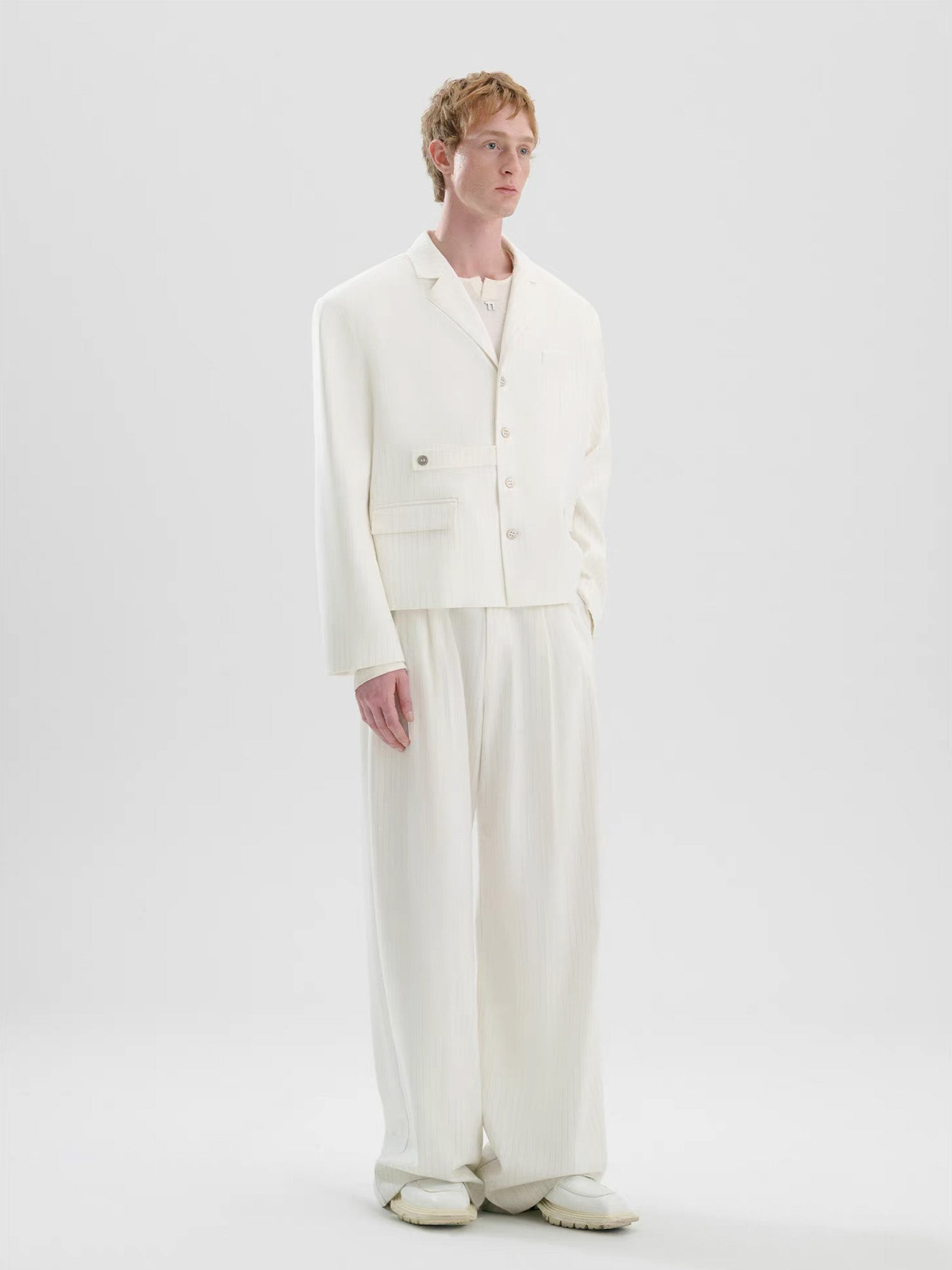 TIWILLTANG Cropped Pinstripe Strap Blazer White/Pink, premium urban and streetwear designers apparel on PROJECTISR.com, TIWILLTANG