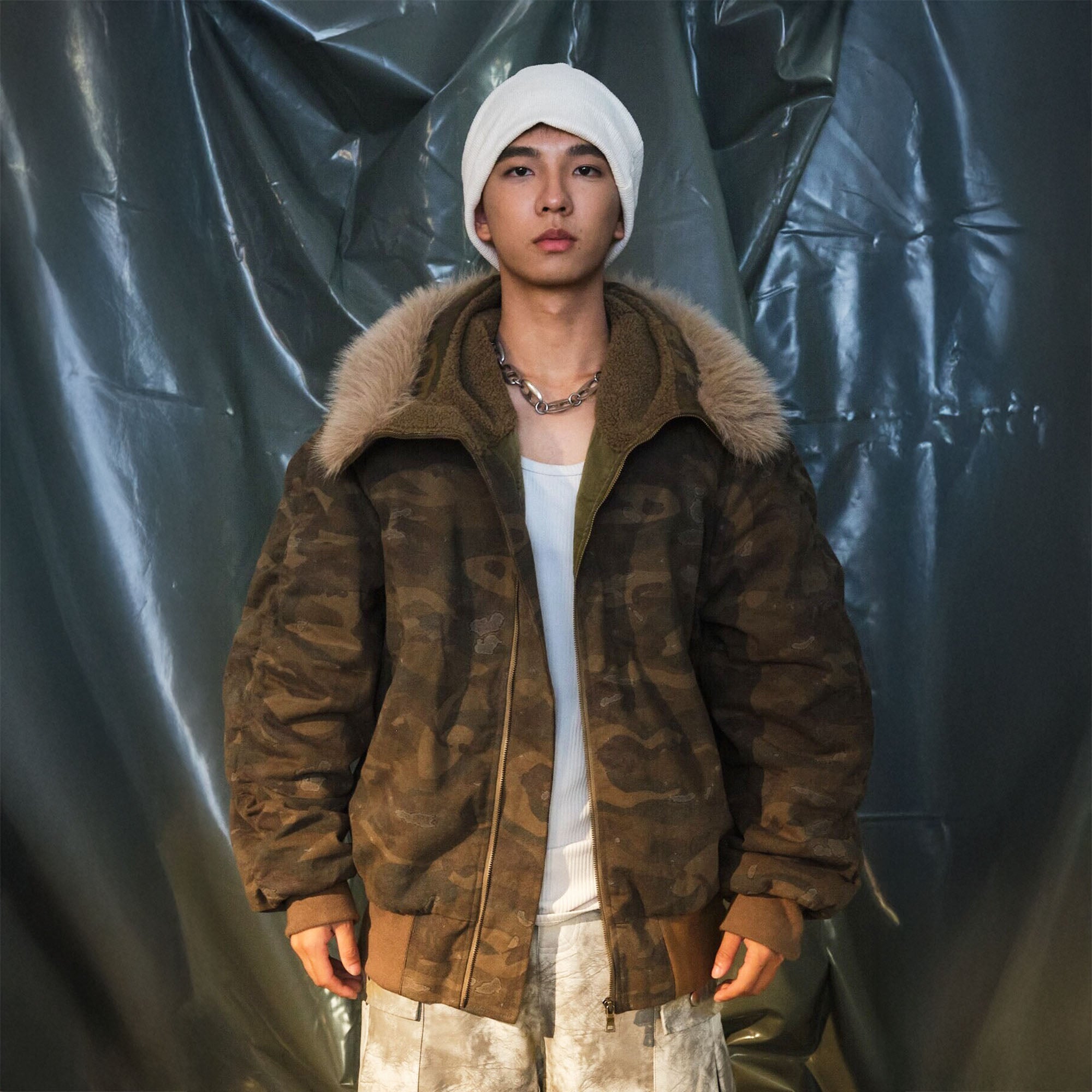 RECOVER ZONE Camo Faux-Fur Collar Bomber Jacket