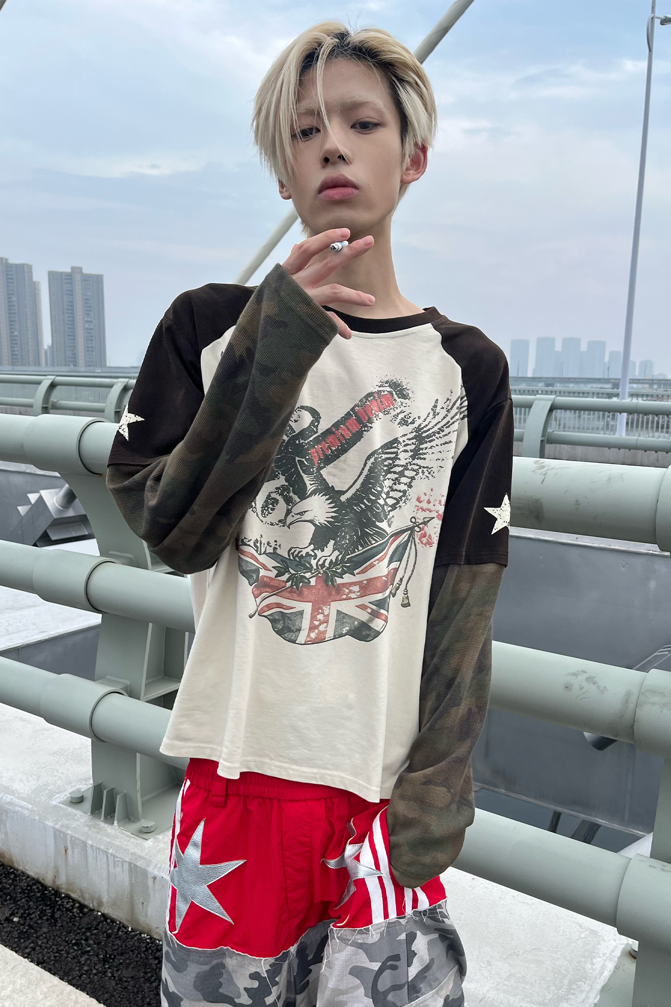 REGEN ZONE Camo Spliced Washed Eagle Graphic Long-Sleeve Tee