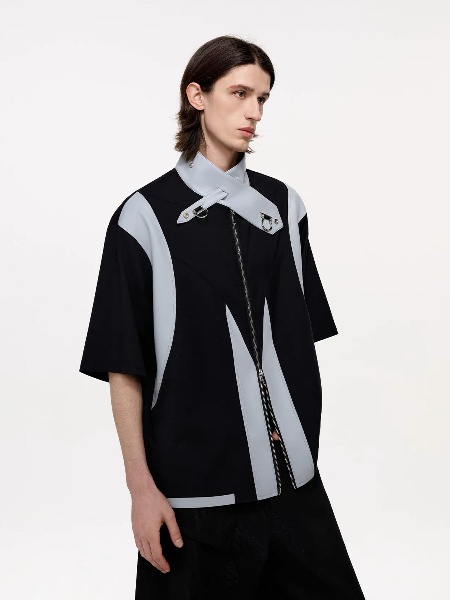 TIWILLTANG Layered-Collar Contrast-Panel Zip-Up Half Shirt, premium urban and streetwear designers apparel on PROJECTISR.com, TIWILLTANG