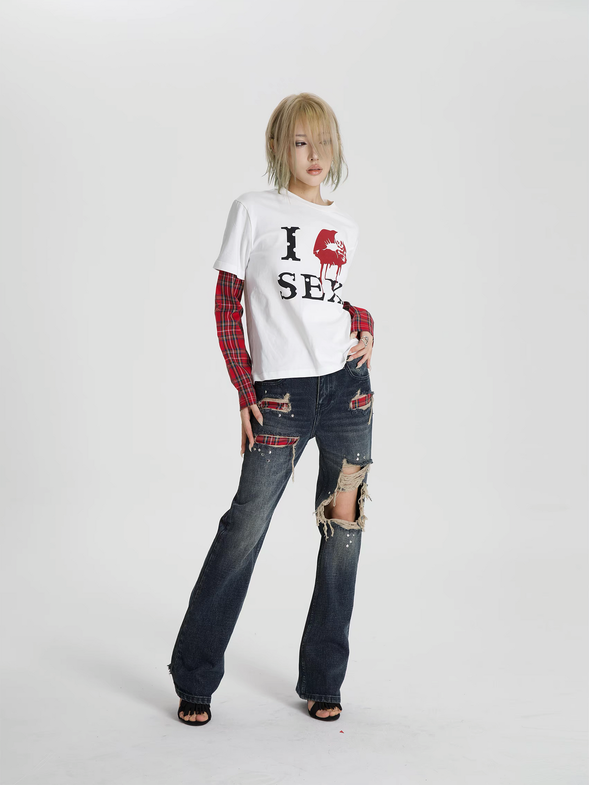 SEXXDEVIL Plaid Patch Distressed Rivet Washed Flared Jeans