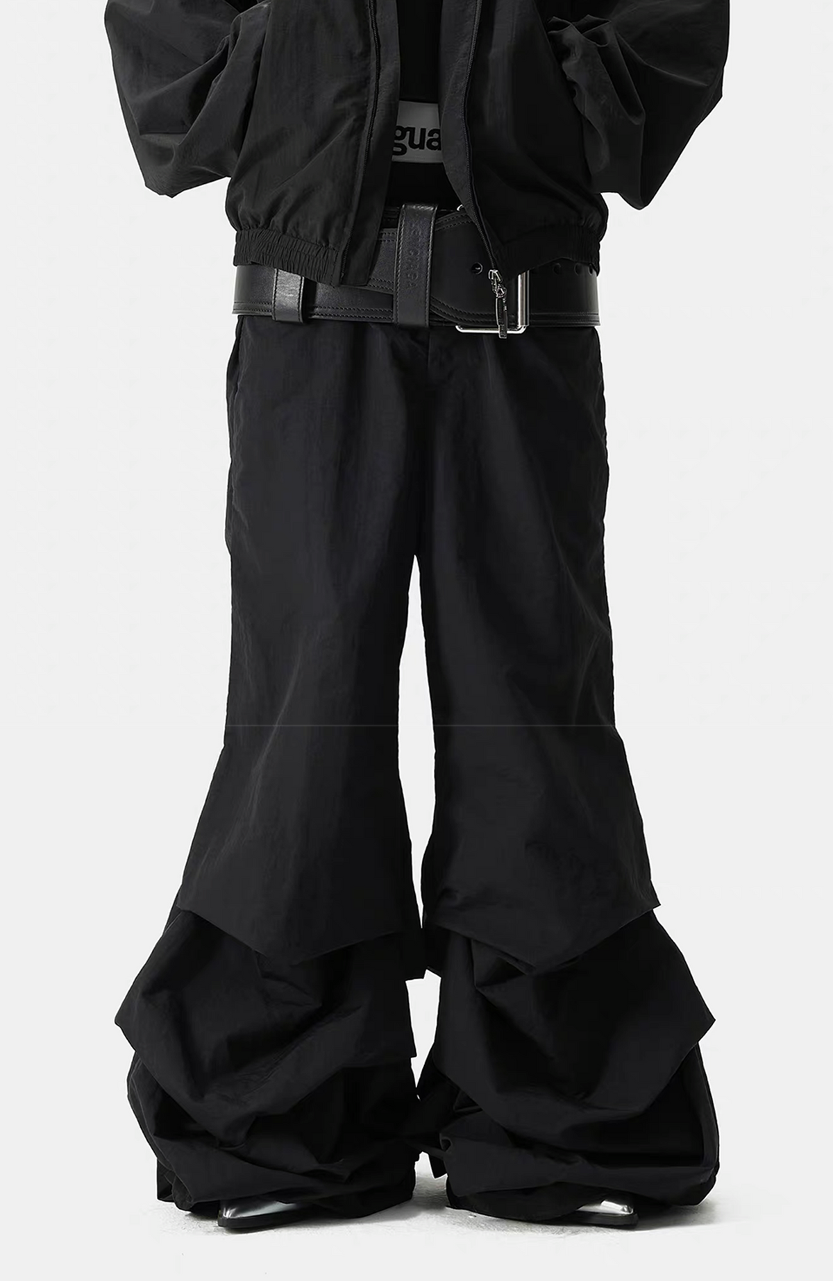 VANGUARDIA Crinkled Nylon Wide-Leg Flared Pants