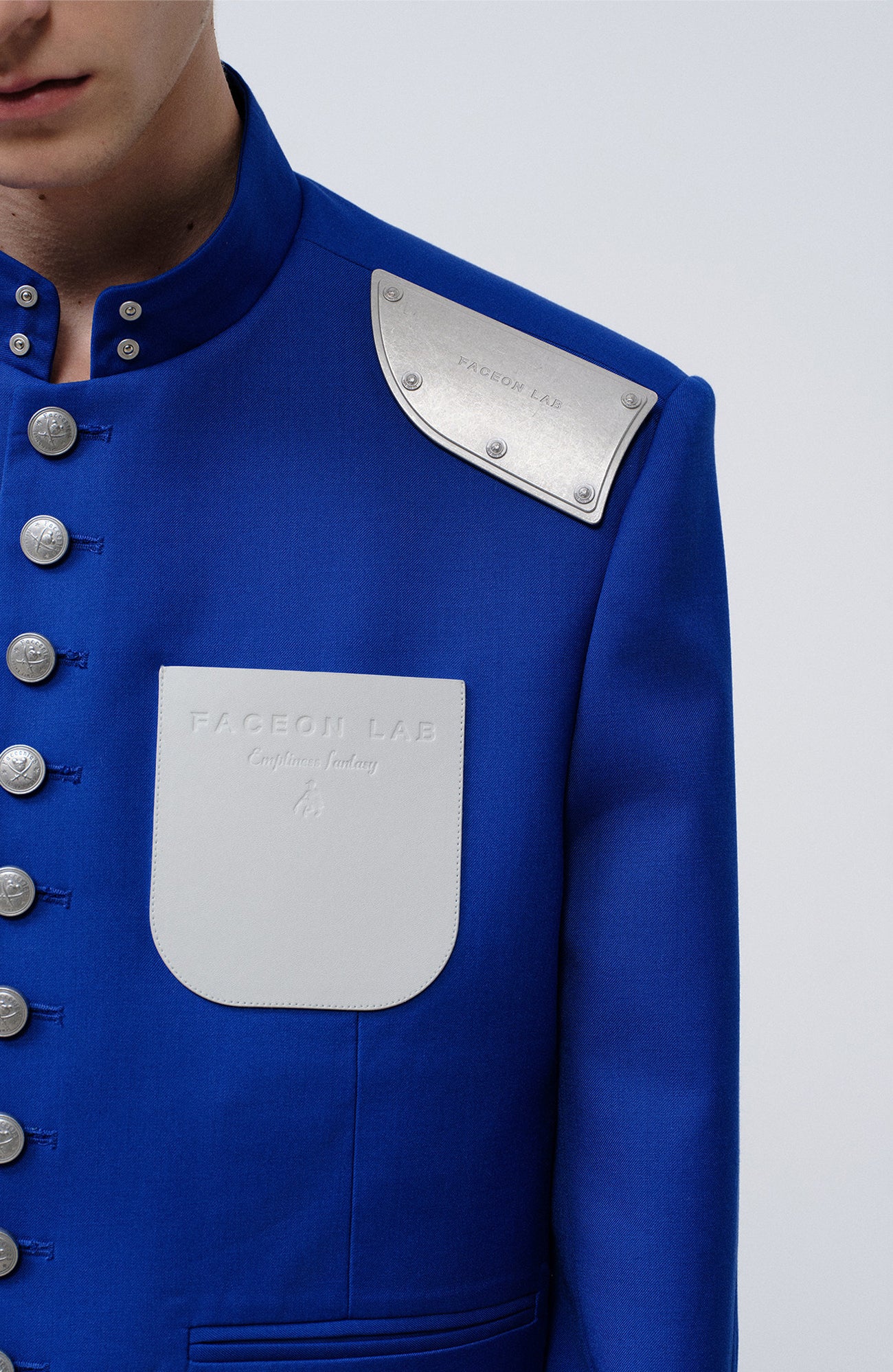 FACEONLAB Stand-Collar Metal-Shoulder Blazer Blue, premium urban and streetwear designers apparel on PROJECTISR.com, FACEONLAB