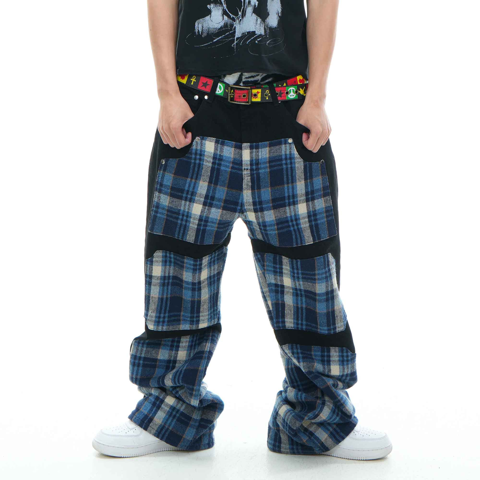 VINKID Plaid Paneled Wide-Leg Jeans