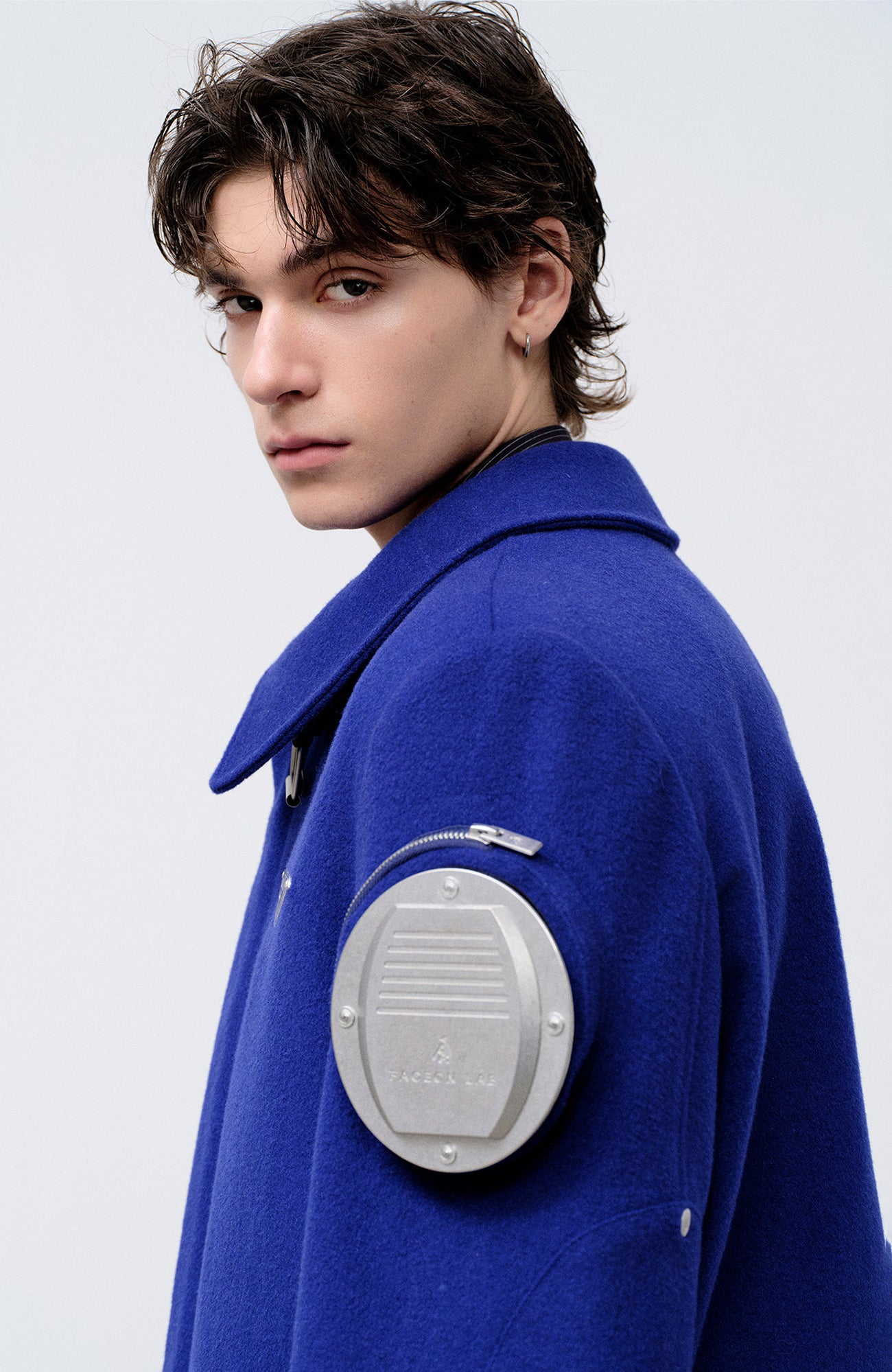 FACEONLAB Arm-Patched Cropped Naval Jacket Blue, premium urban and streetwear designers apparel on PROJECTISR.com, FACEONLAB