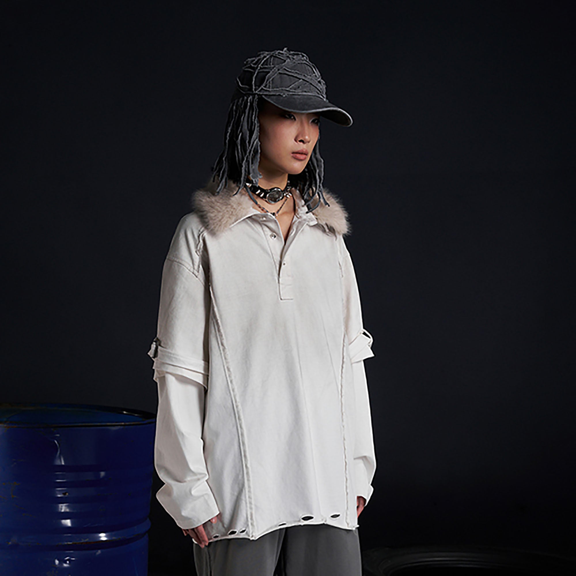 RECOVER ZONE Detachable Faux Fur Collar Long Sleeve Shirt
