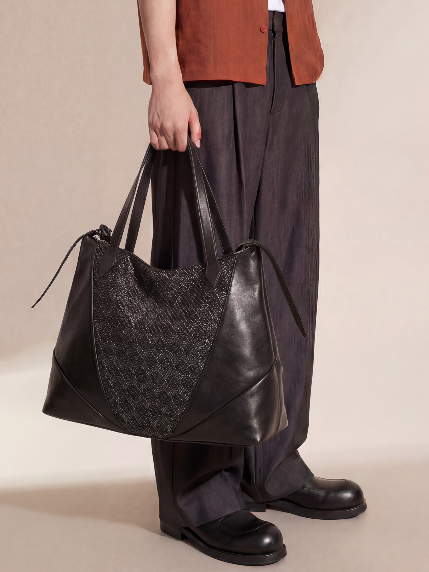 ALVNG AR ANTS Asymmetrical Ruched Woven Faux Leather Bag
