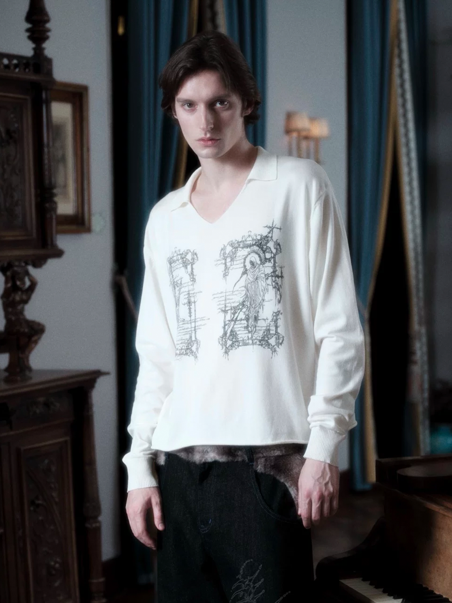 WANNA LAB Rune Graphic Long-Sleeve Polo Tee