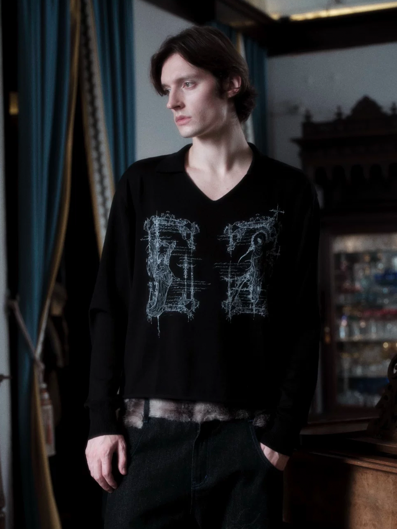 WANNA LAB Rune Graphic Long-Sleeve Polo Tee