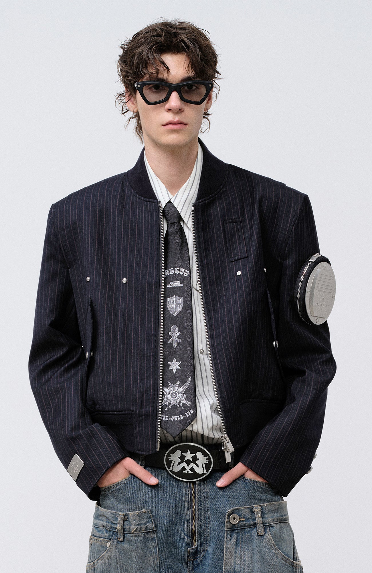 FACEONLAB Arm-Patched Bomber Jacket Navy, premium urban and streetwear designers apparel on PROJECTISR.com, FACEONLAB