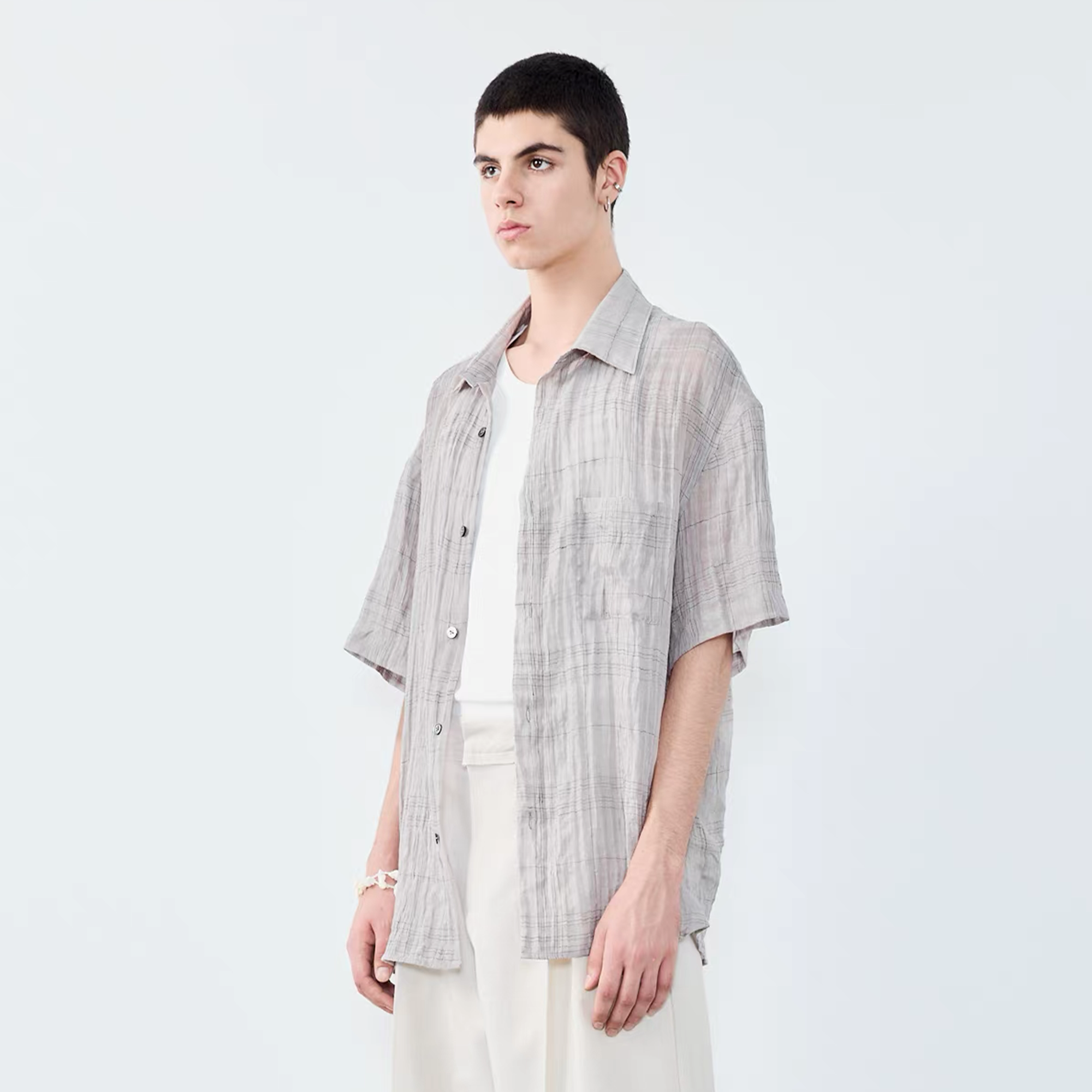 GRAINMUSTARD Linen-Cotton Plaid Half Shirt, premium urban and streetwear designers apparel on PROJECTISR.com, GRAINMUSTARD