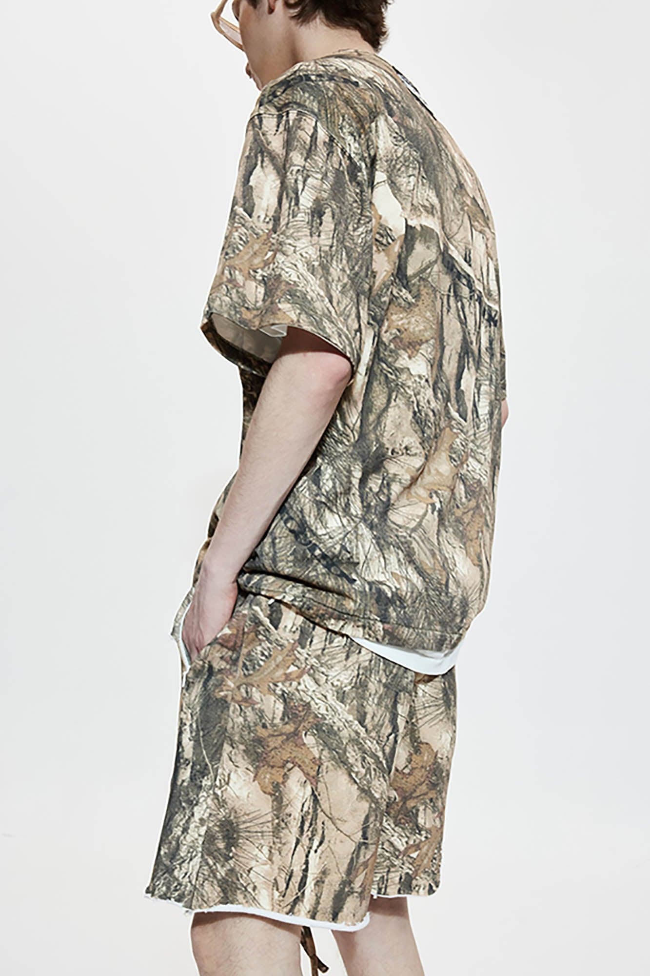 LIFEGOESON Forest Camo Spliced Raw Edge Shorts