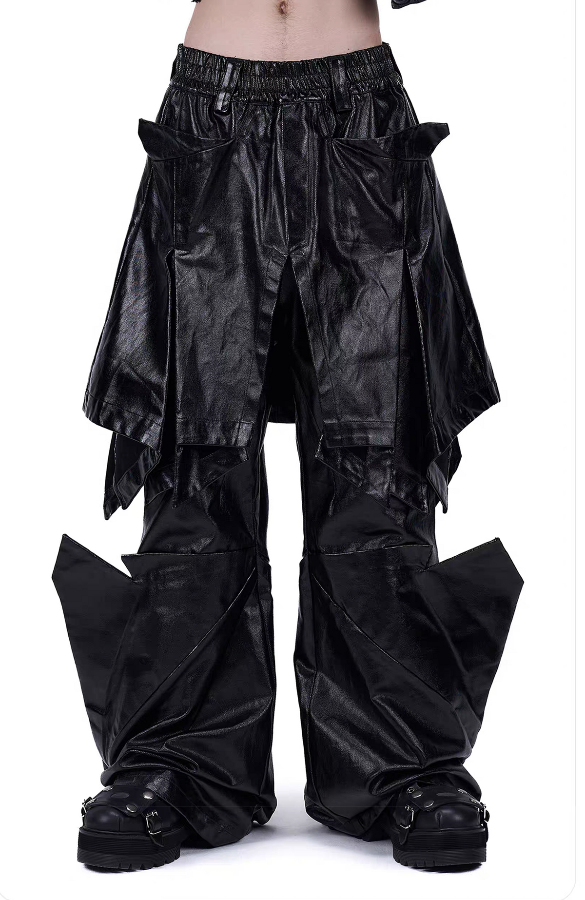 VANGUARDIA Deconstructed Layered Coated Denim Flared Pants